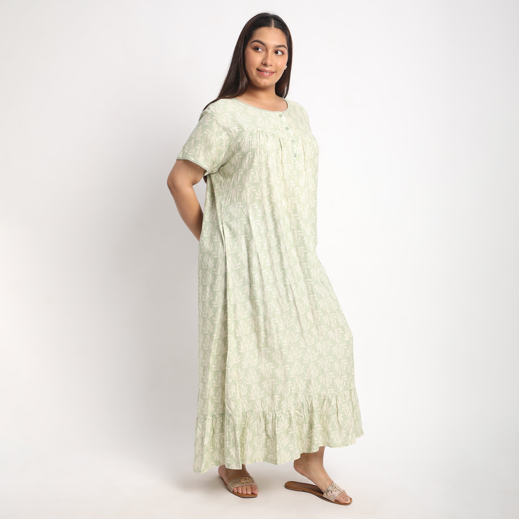 Green Printed Plus Size Viscose Dobby Night Dress Product Image 4