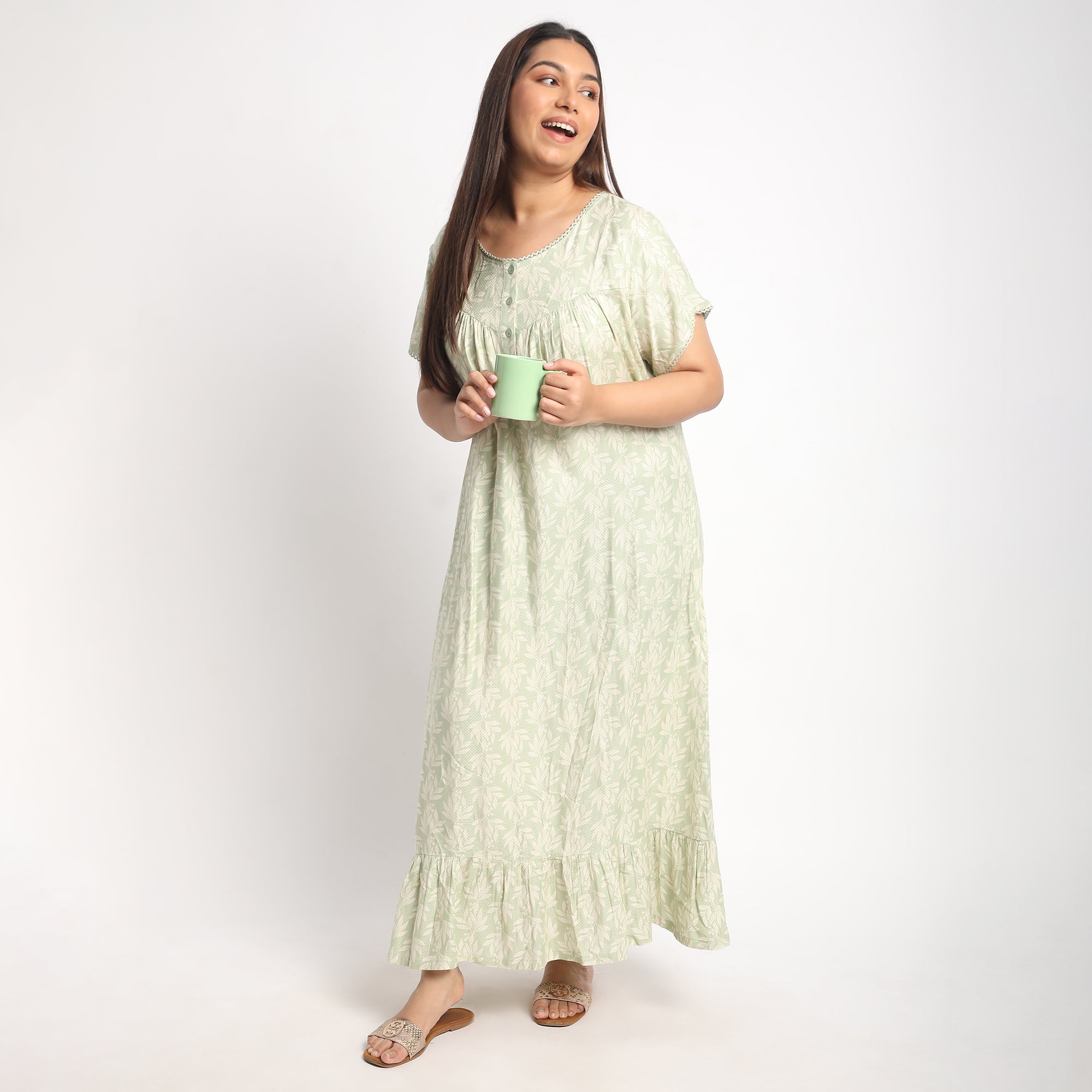 Green Printed Plus Size Viscose Dobby Night Dress Product Image 5