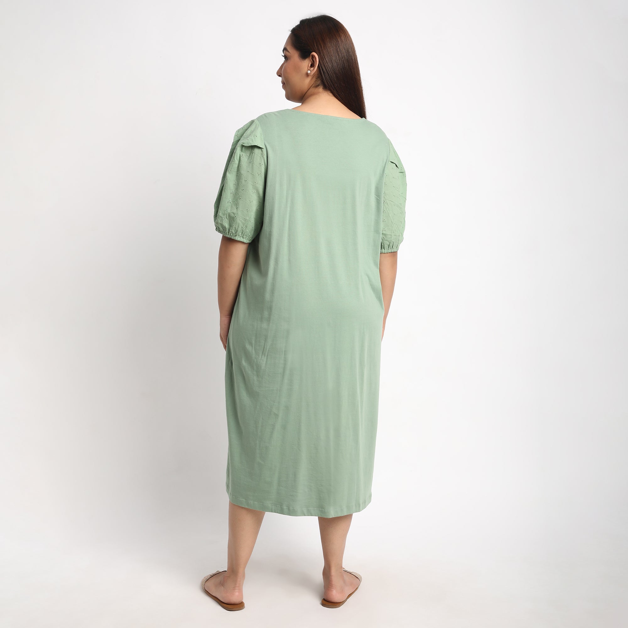 Green Cotton Jersey Plus Size Night Dress with Schiffli Sleeves Product Image 2