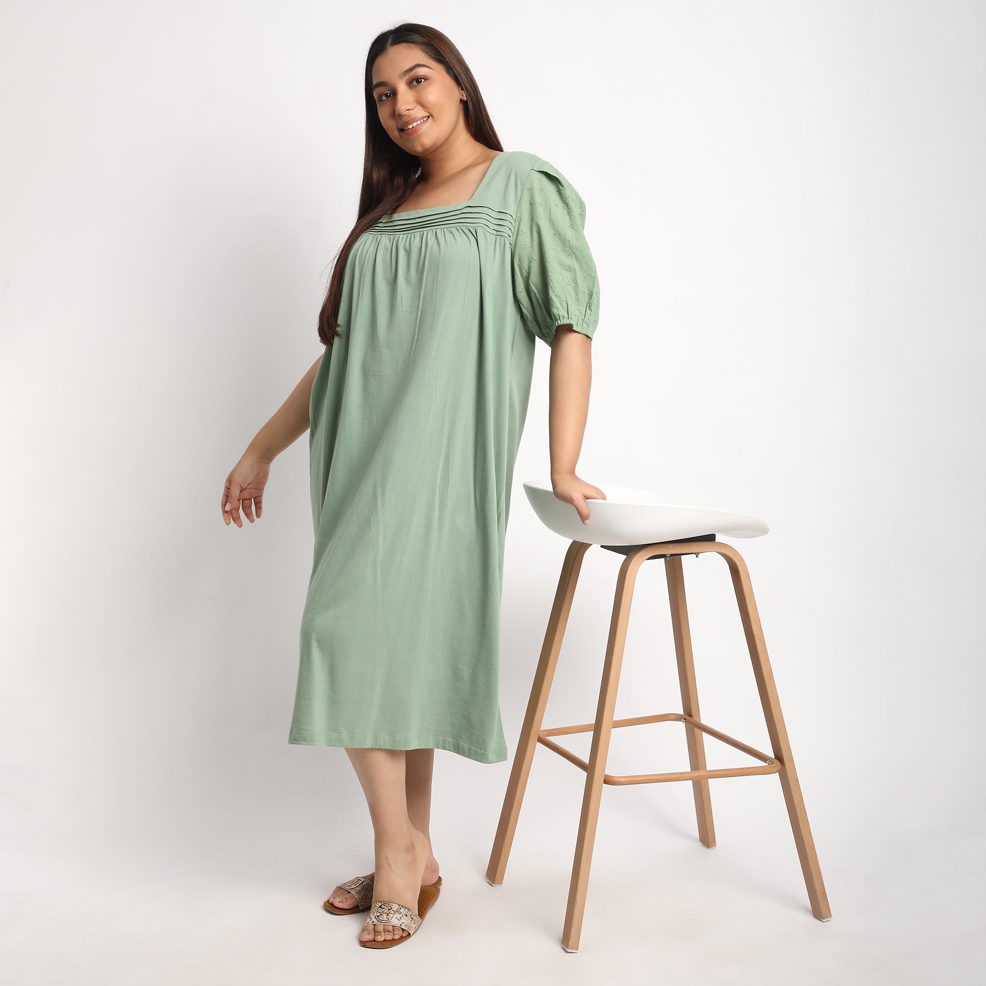 Green Cotton Jersey Plus Size Night Dress with Schiffli Sleeves Product Image 1