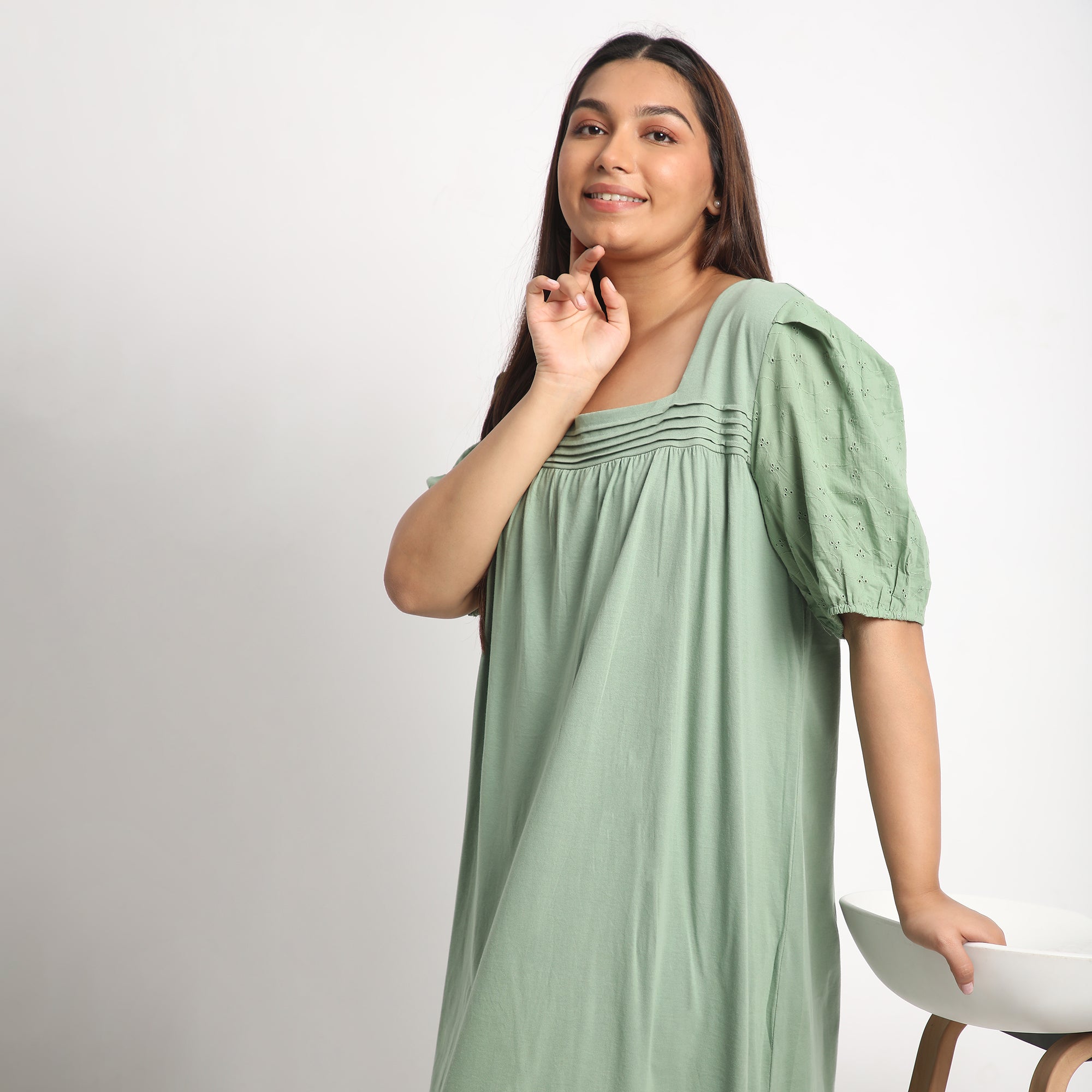 Green Cotton Jersey Plus Size Night Dress with Schiffli Sleeves Product Image 4