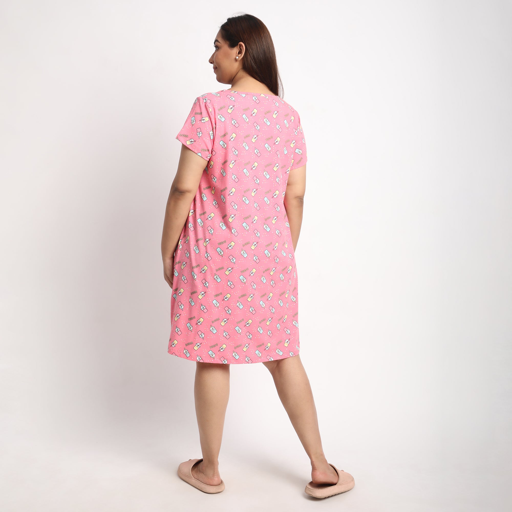 Pink Printed Jersey Plus Size Sleep Tee Product Image 5