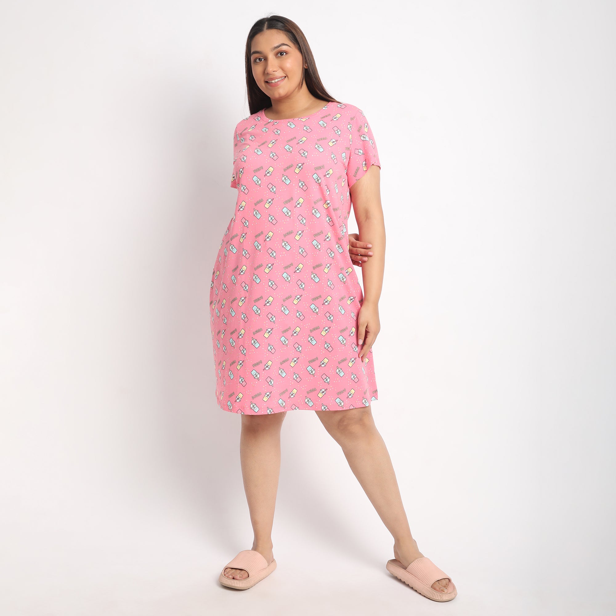 Pink Printed Jersey Plus Size Sleep Tee Product Image 2