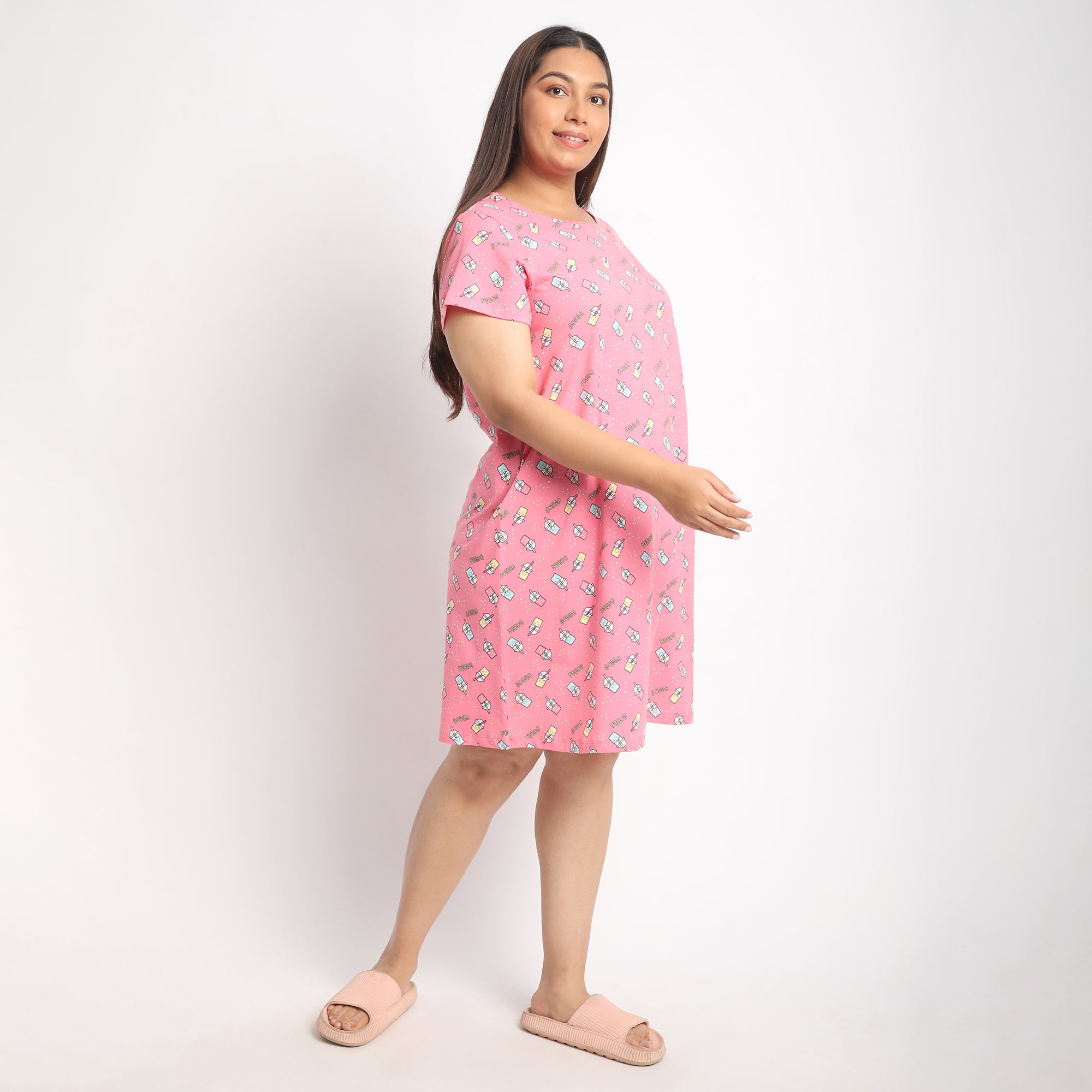 Pink Printed Jersey Plus Size Sleep Tee Product Image 3