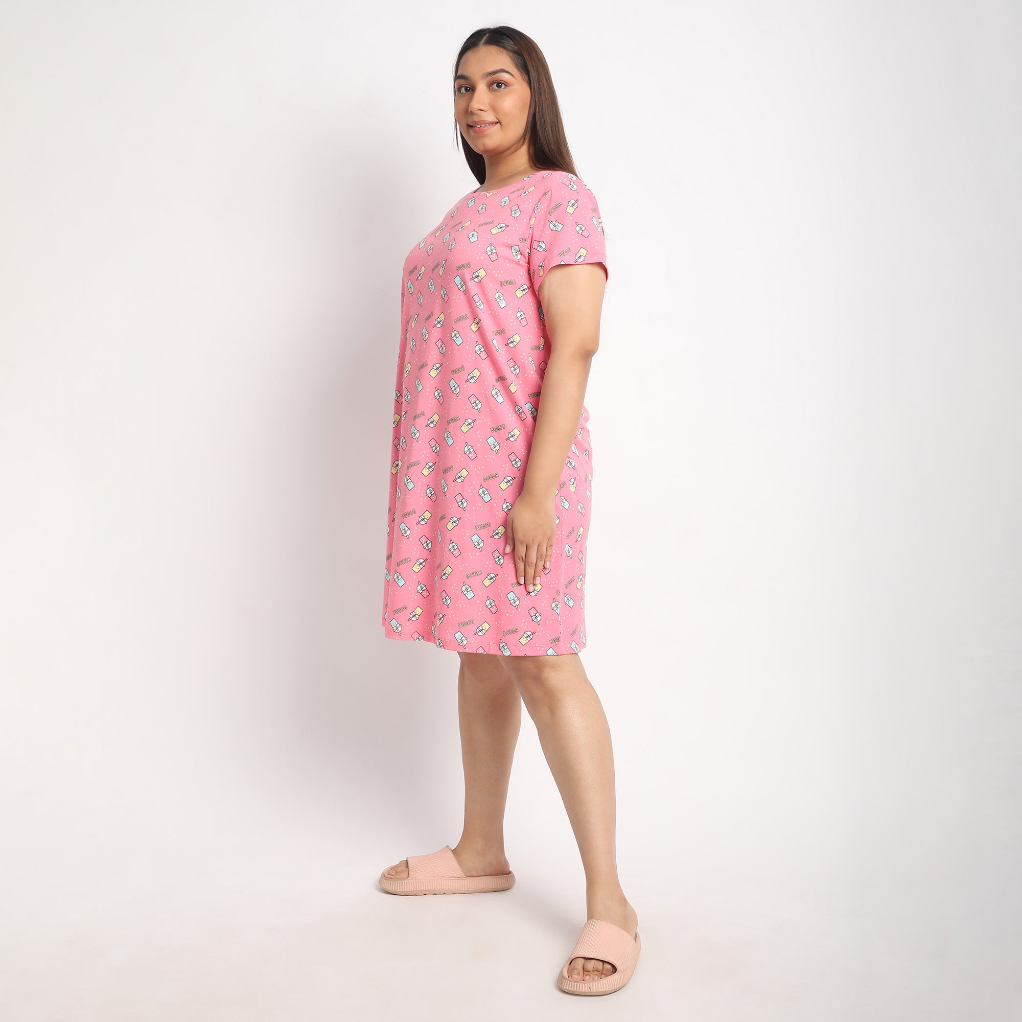 Pink Printed Jersey Plus Size Sleep Tee Product Image 4