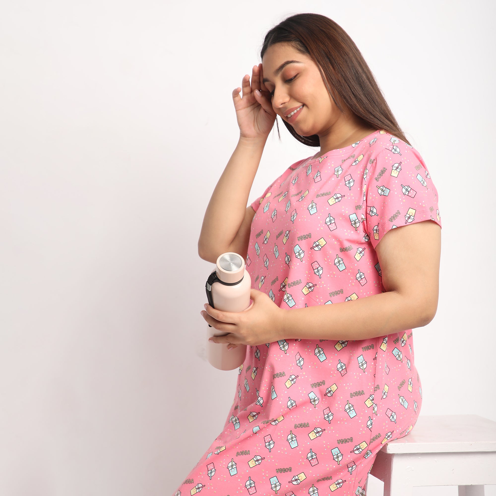 Pink Printed Jersey Plus Size Sleep Tee Product Image 6