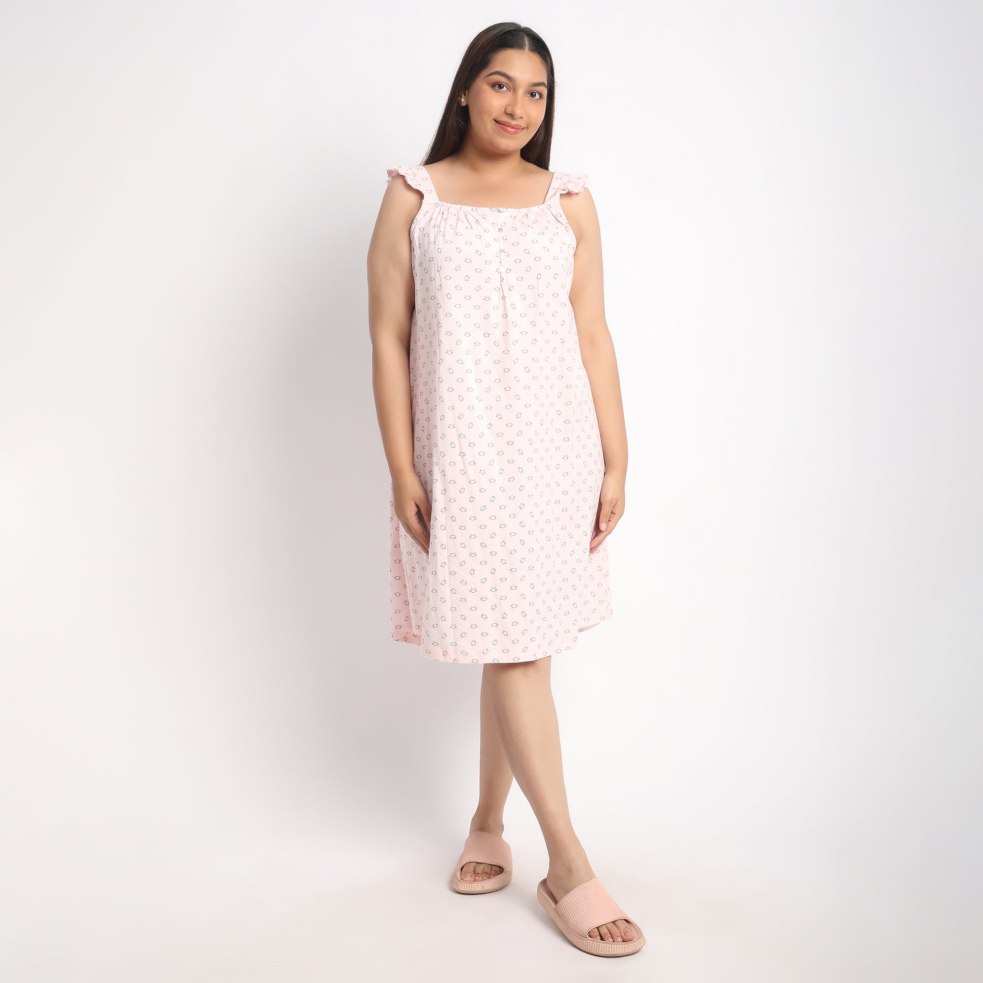 Light Pink Printed Jersey Plus Size Ruffle Sleeves Dress Product Image 1