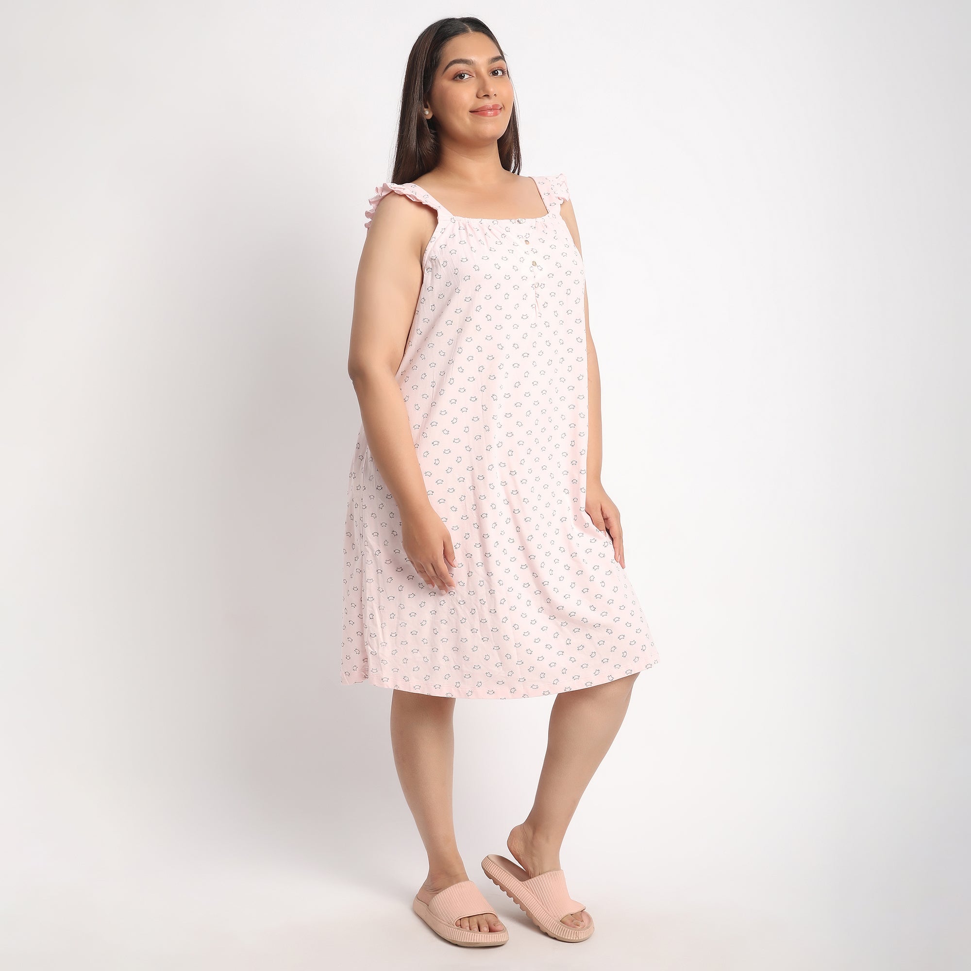 Light Pink Printed Jersey Plus Size Ruffle Sleeves Dress Product Image 7