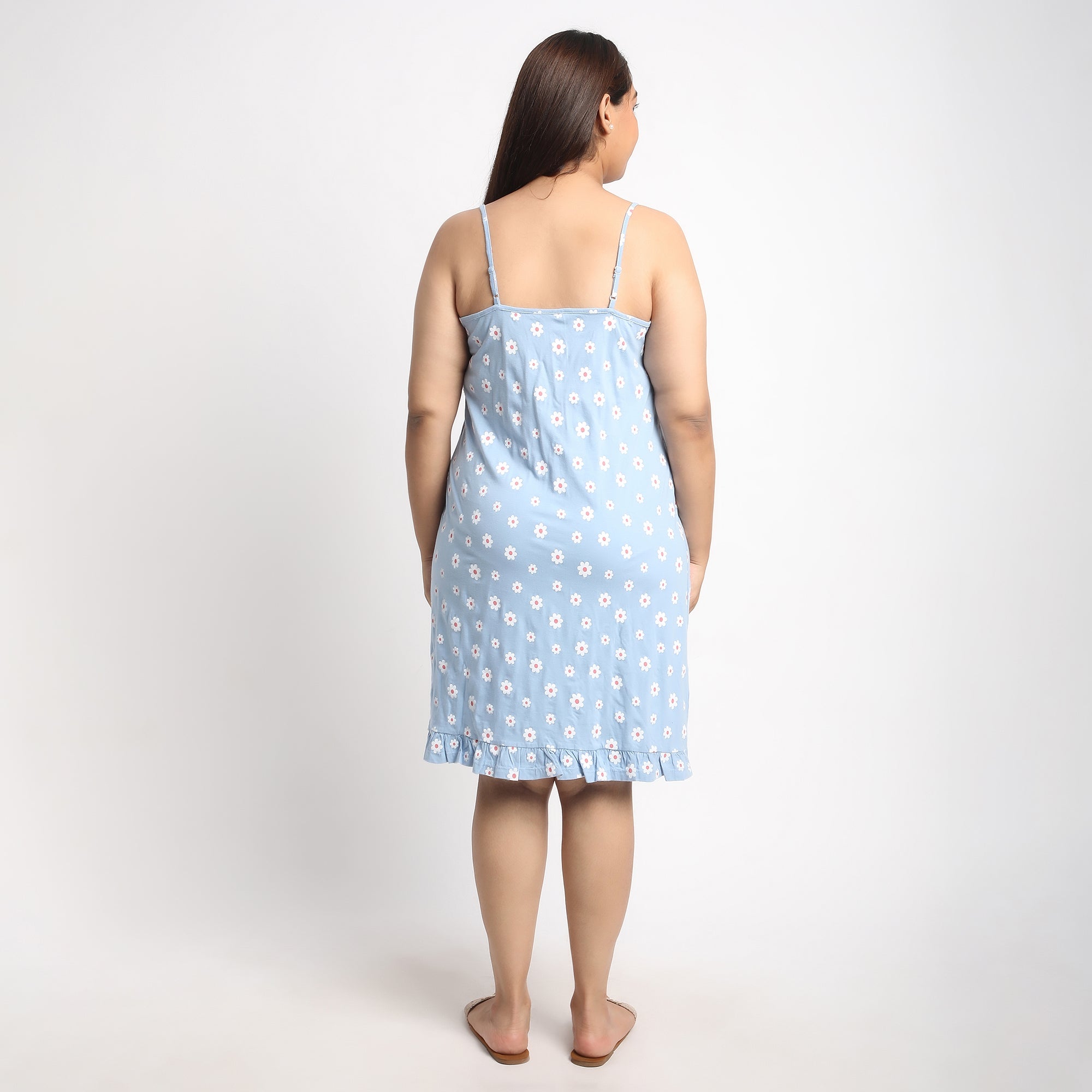 Blue Floral Printed Cotton Jersey Plus Size Slip Dress Product Image 4