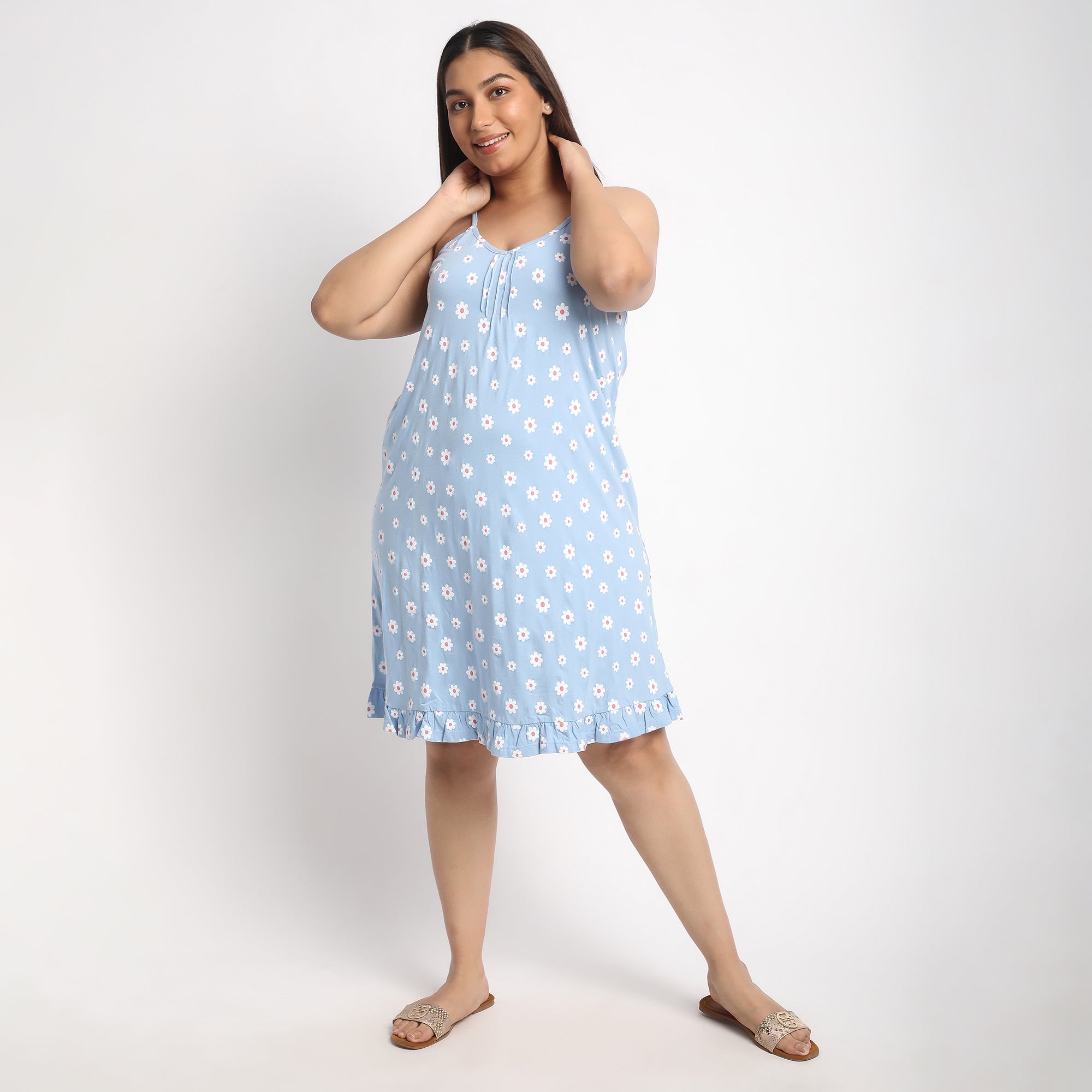 Blue Floral Printed Cotton Jersey Plus Size Slip Dress Product Image 2