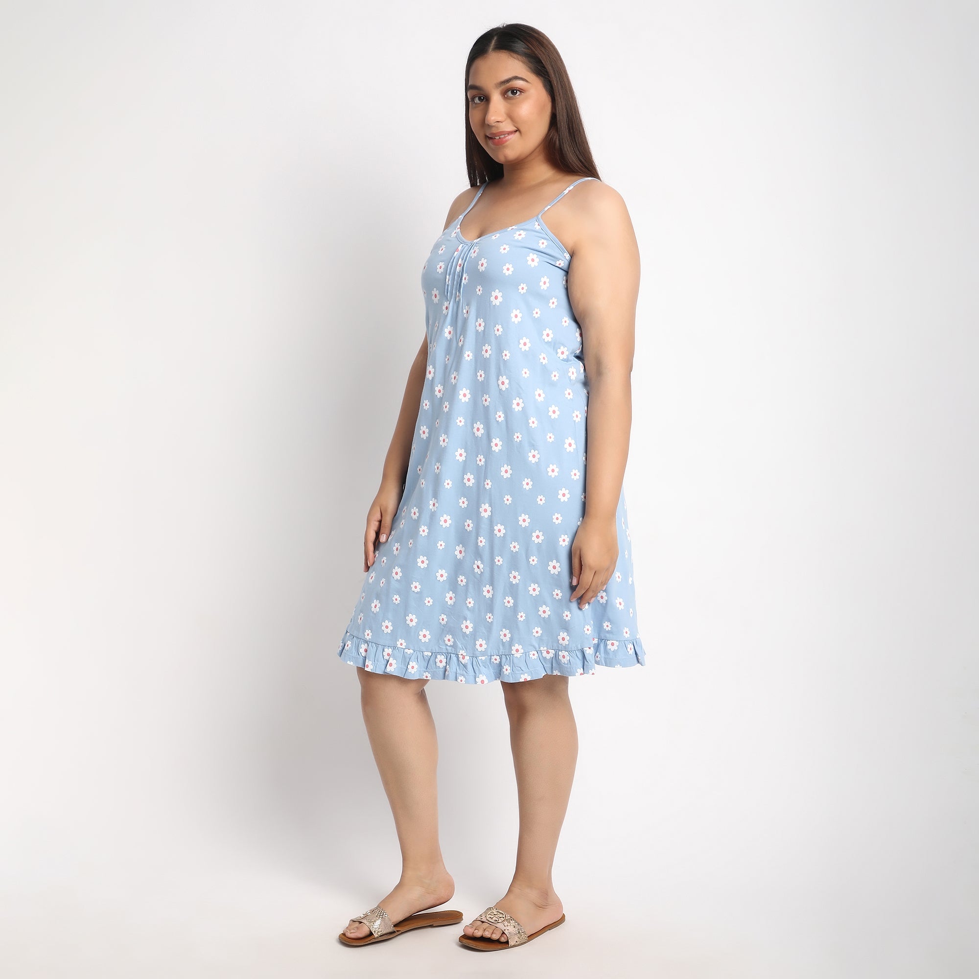 Blue Floral Printed Cotton Jersey Plus Size Slip Dress Product Image 3