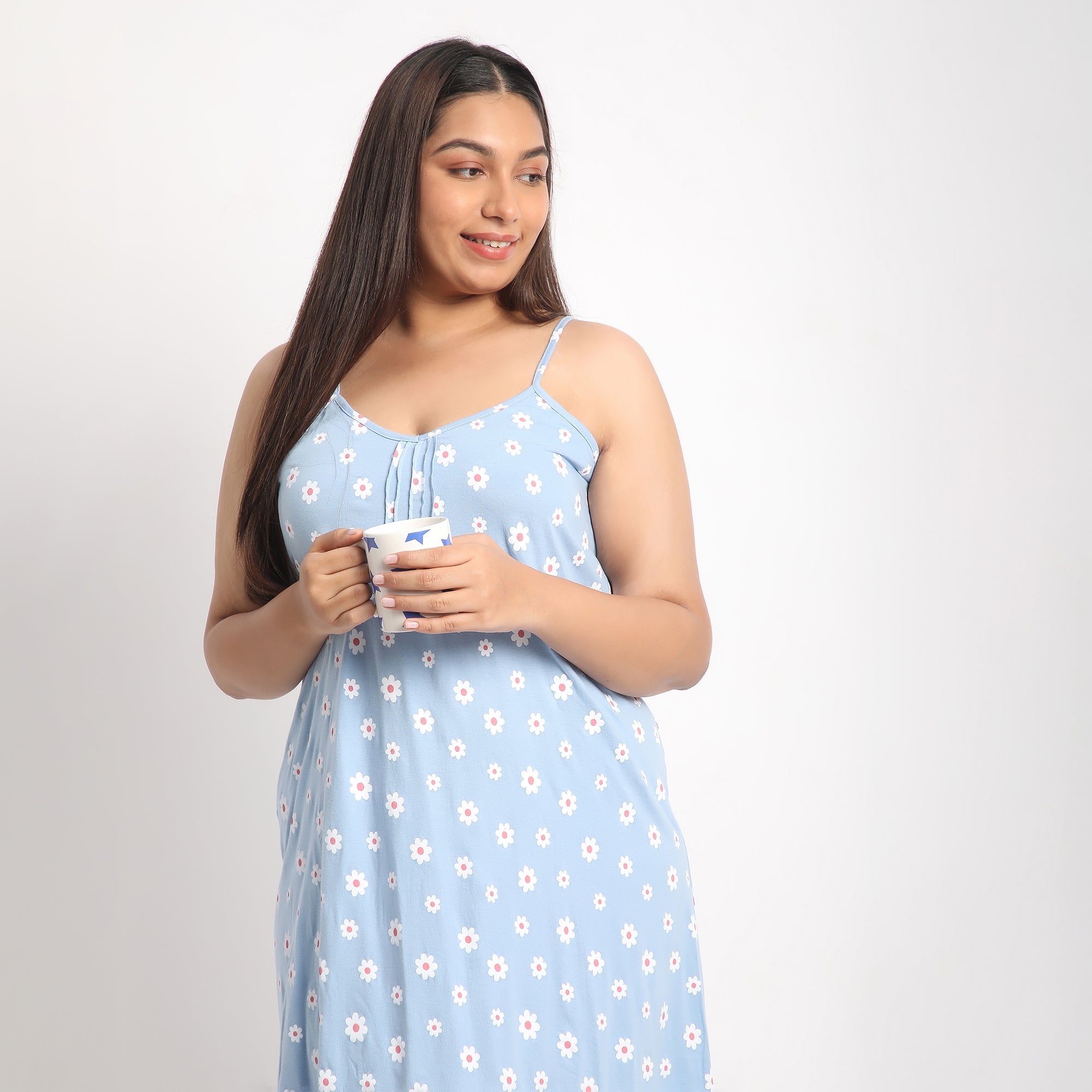 Blue Floral Printed Cotton Jersey Plus Size Slip Dress Product Image 6