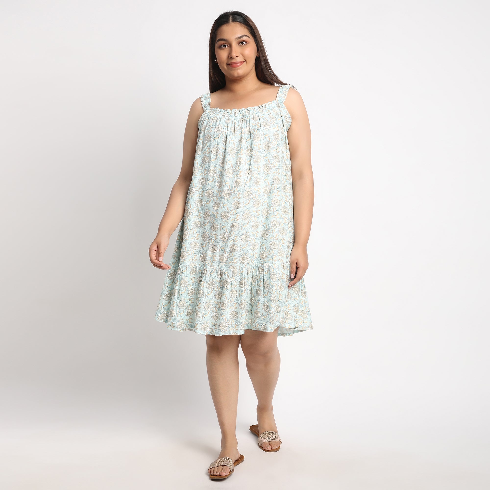 Light Blue Printed Viscose Dobby Plus Size Slip Dress Product Image 1