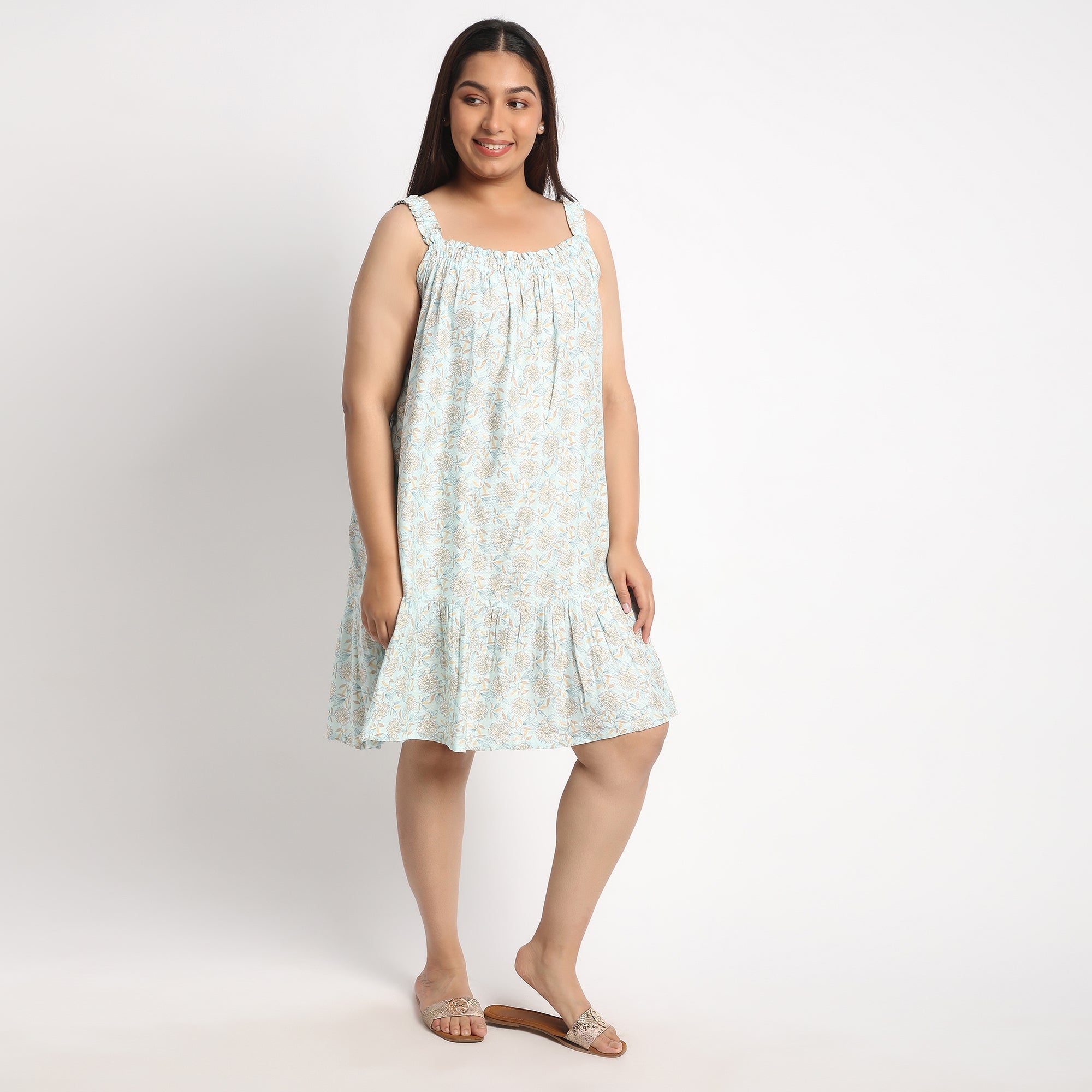 Light Blue Printed Viscose Dobby Plus Size Slip Dress Product Image 2