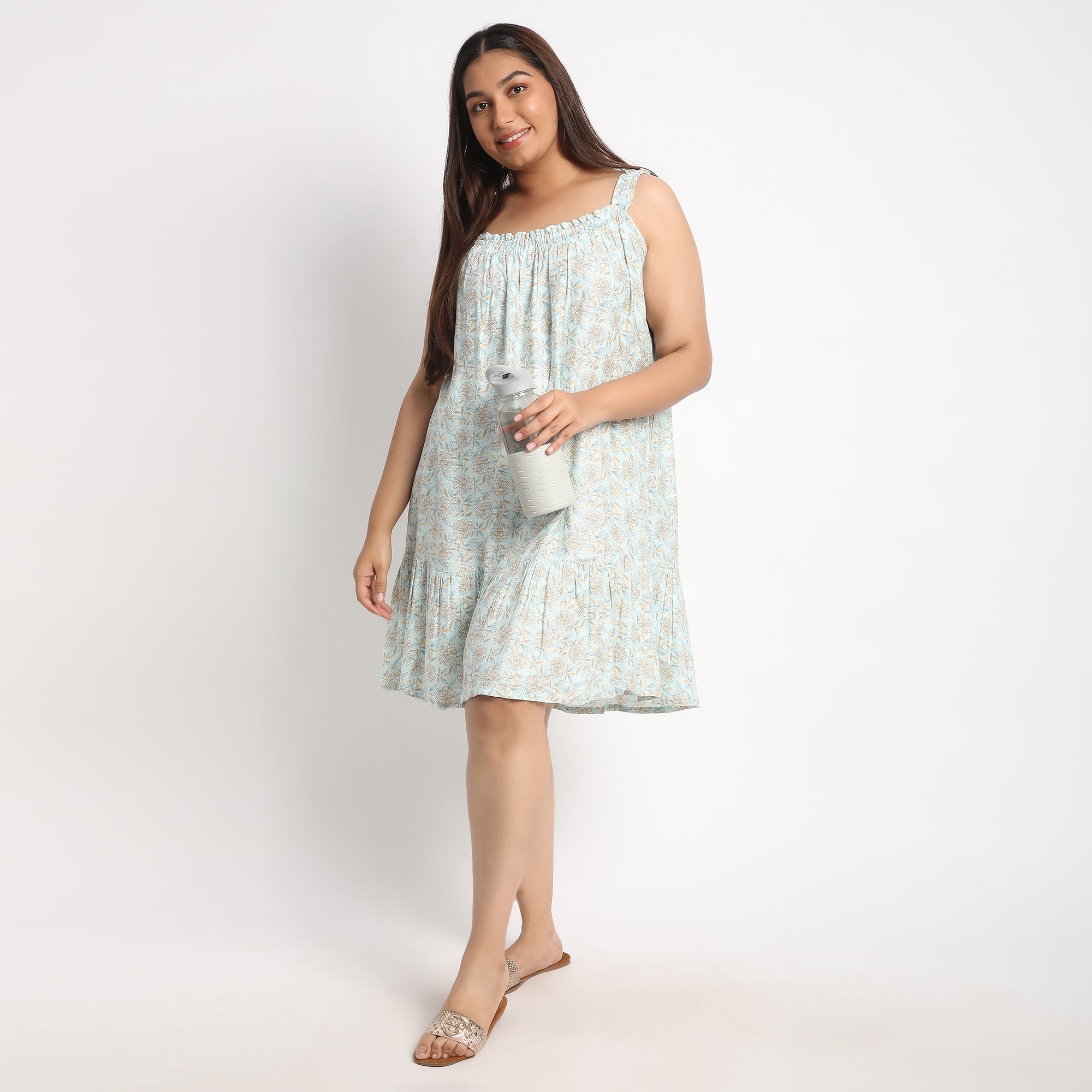 Light Blue Printed Viscose Dobby Plus Size Slip Dress Product Image 3