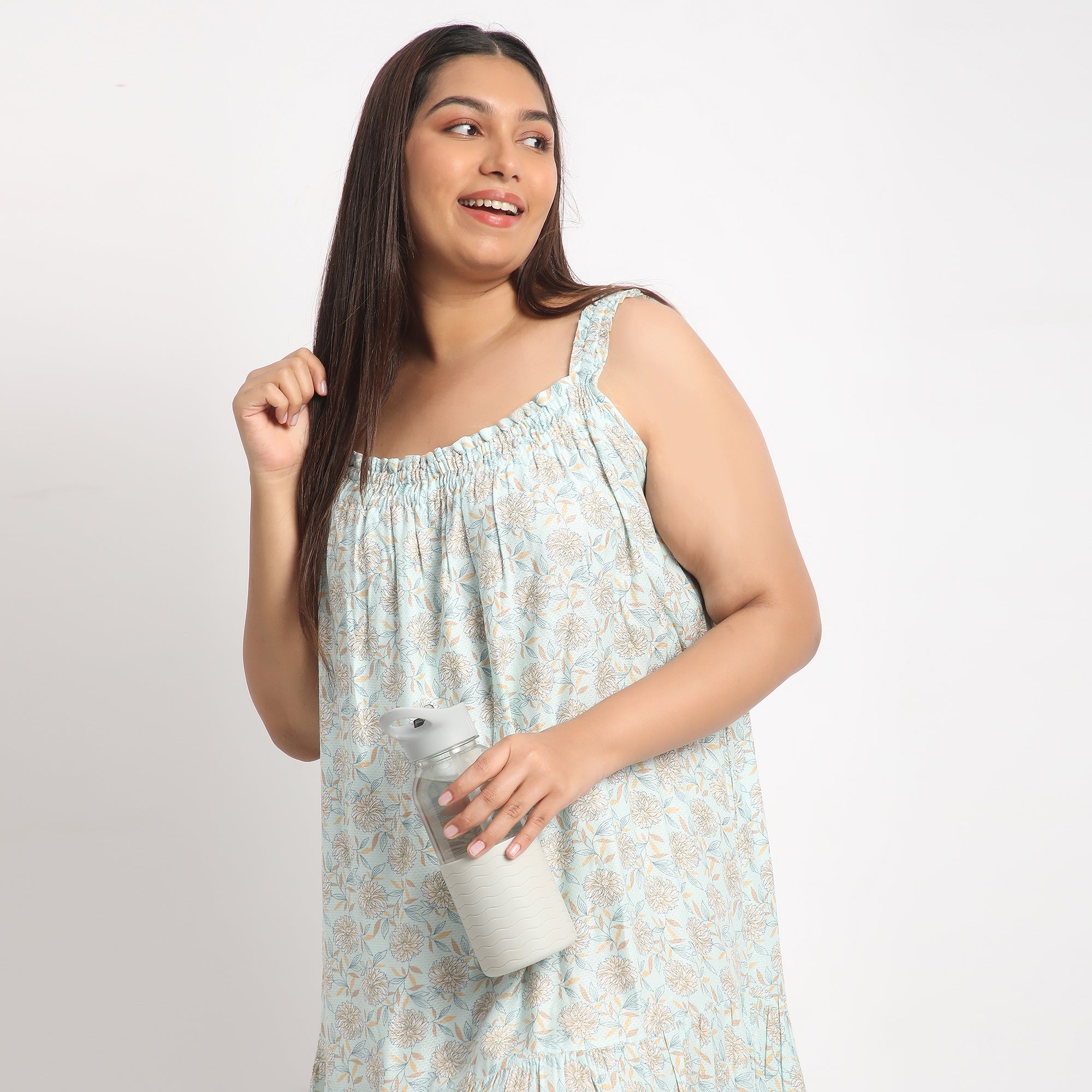 Light Blue Printed Viscose Dobby Plus Size Slip Dress Product Image 4