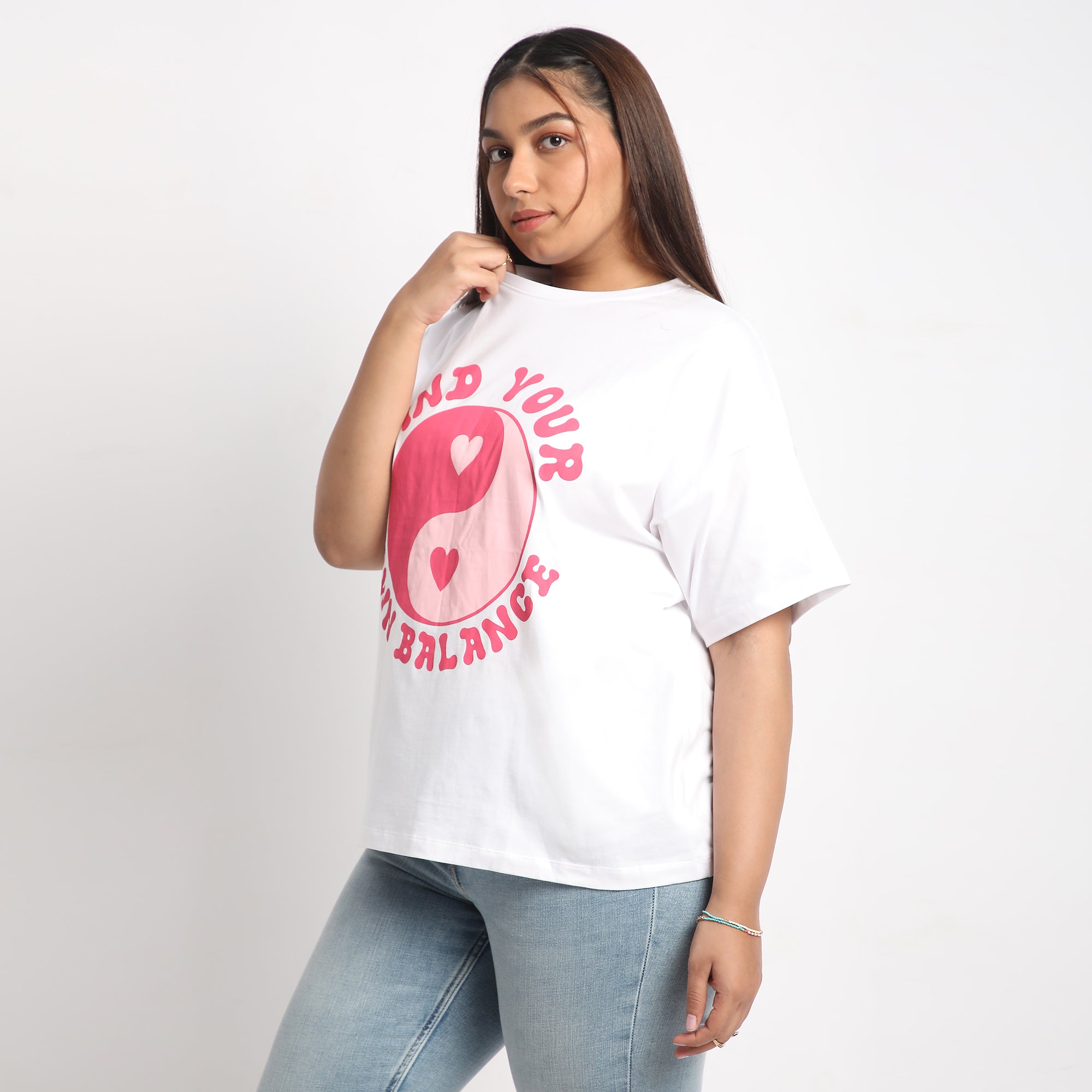 White Yin Yang Plus Size Chest Print Cotton Tee