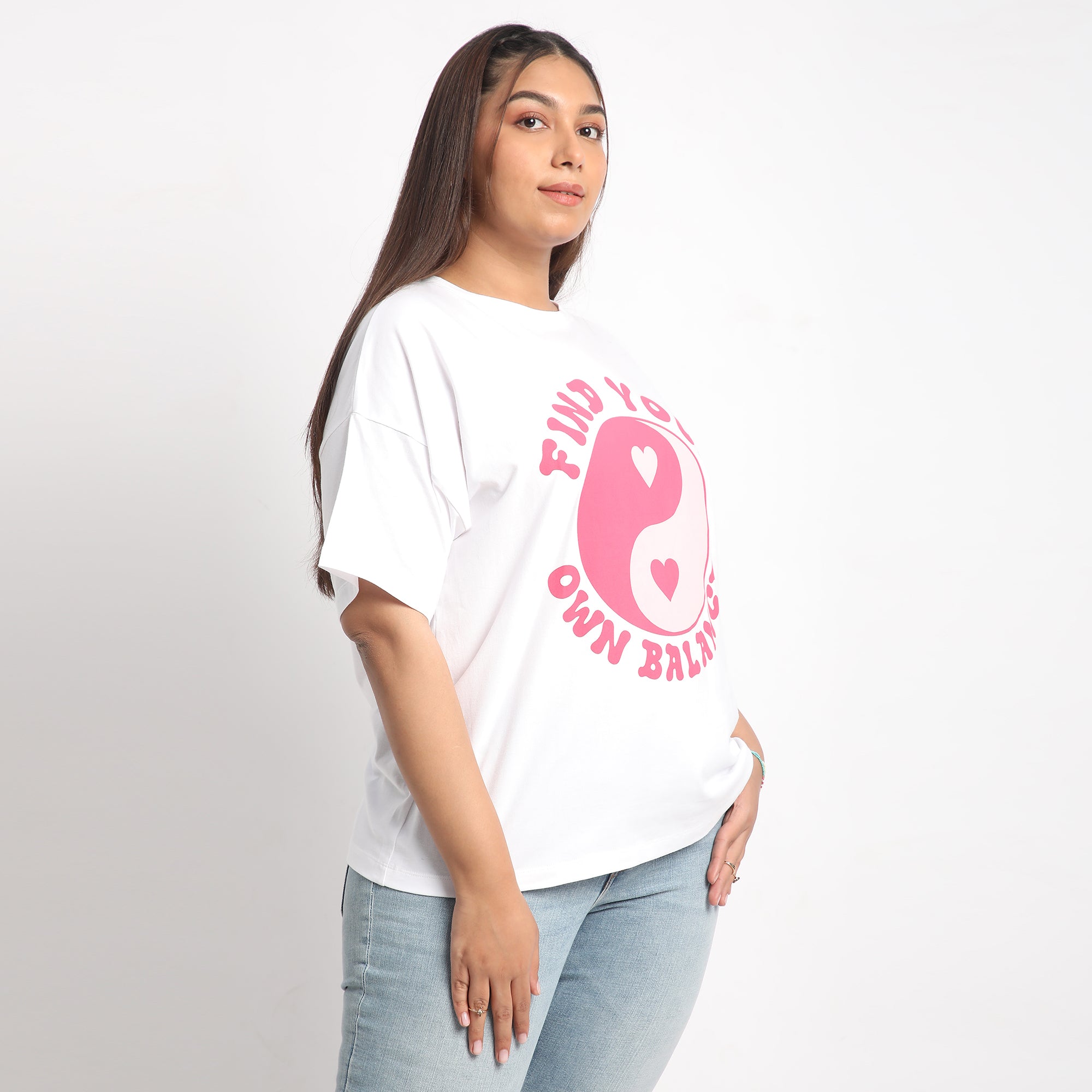 White Yin Yang Plus Size Chest Print Cotton Tee