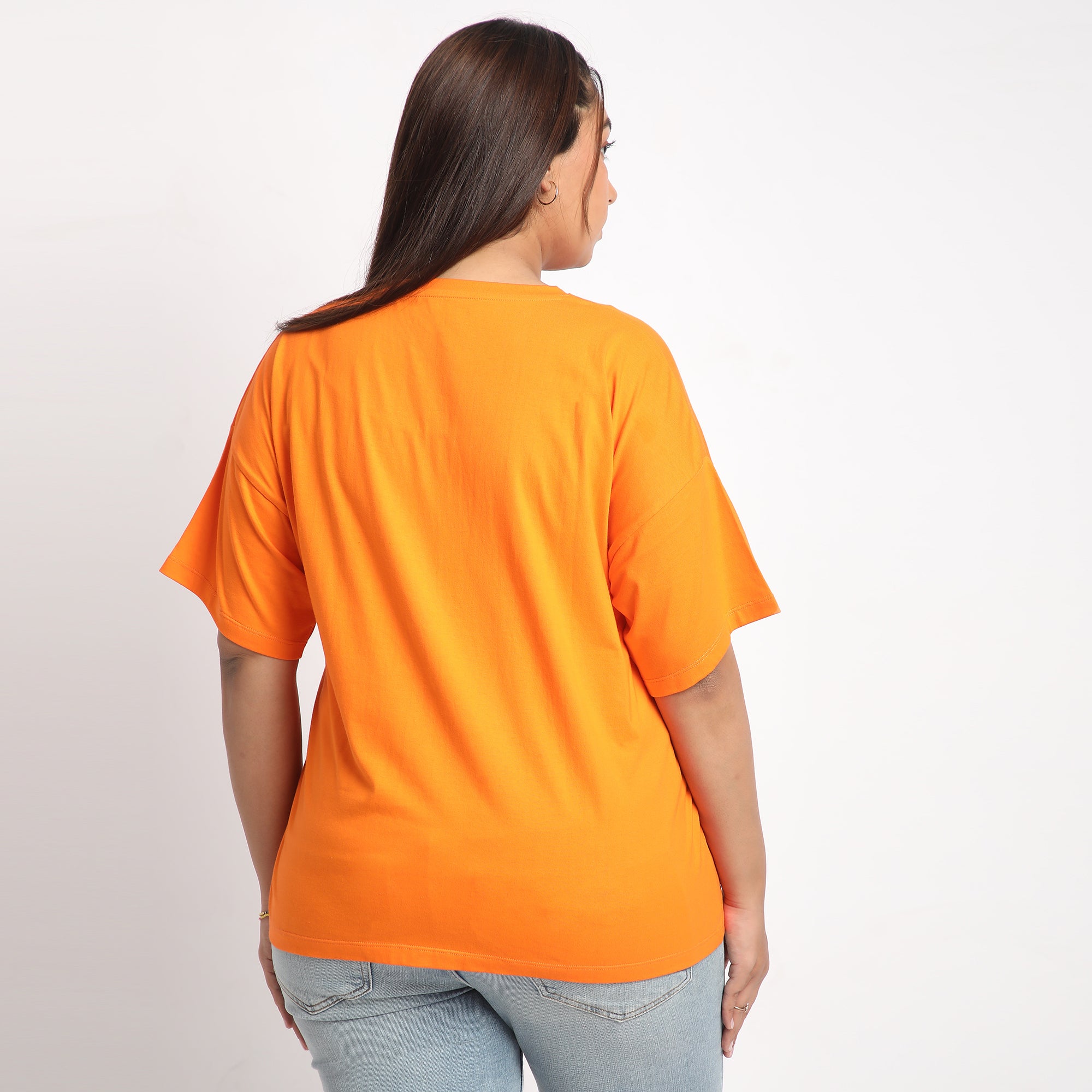 Orange Flower Plus Size Chest Print Cotton Tee