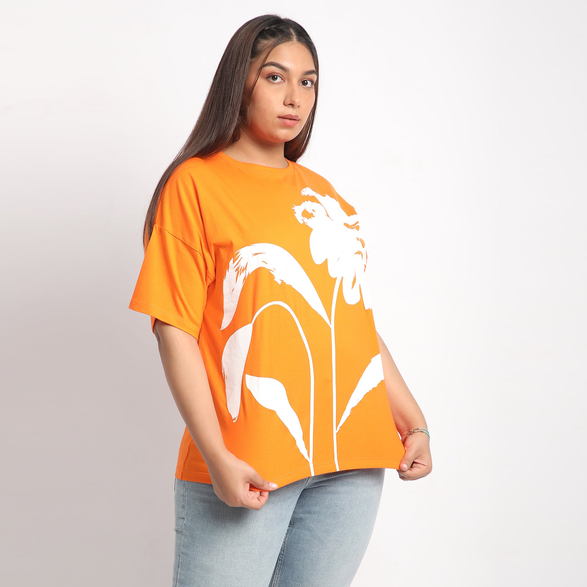 Orange Flower Plus Size Chest Print Cotton Tee