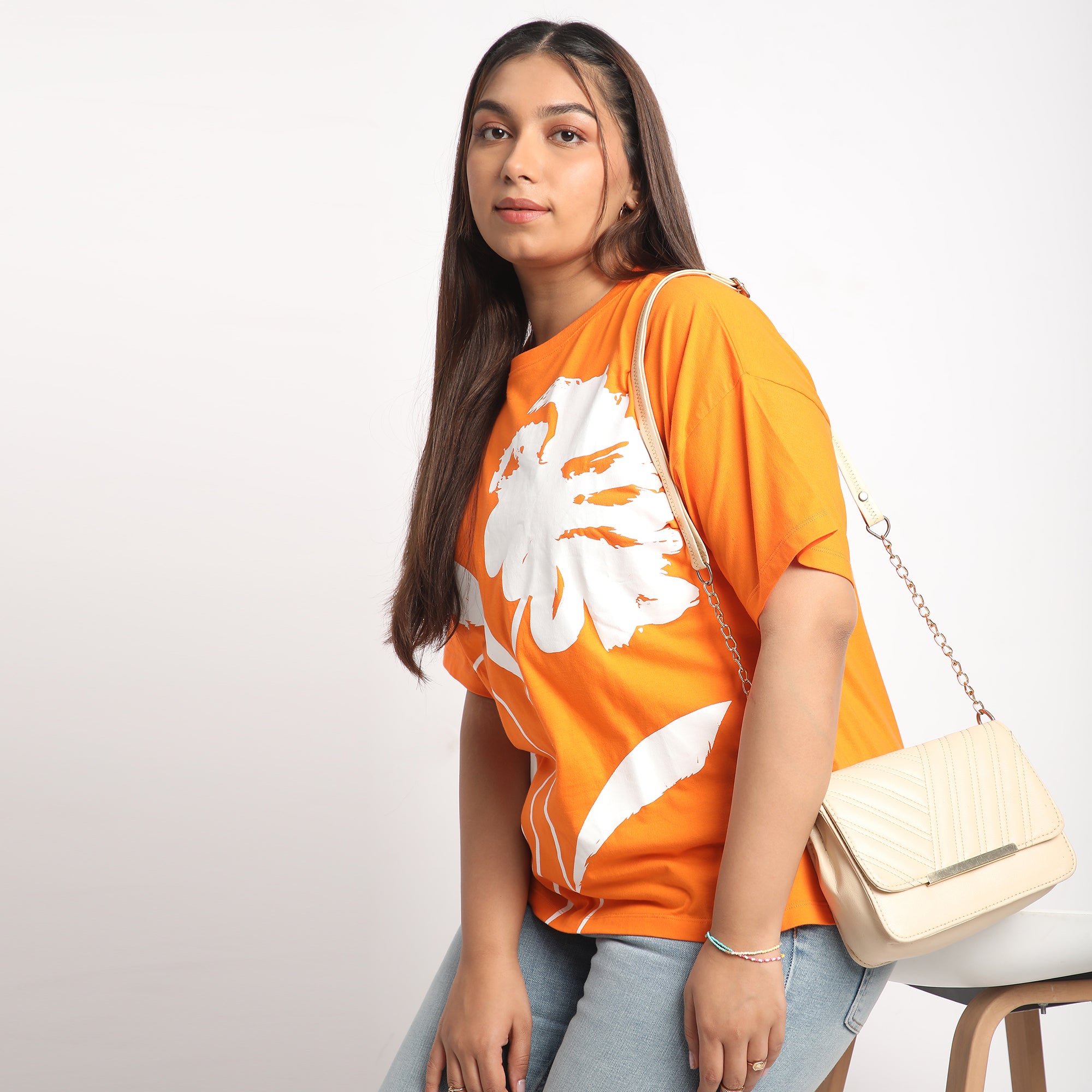 Orange Flower Plus Size Chest Print Cotton Tee