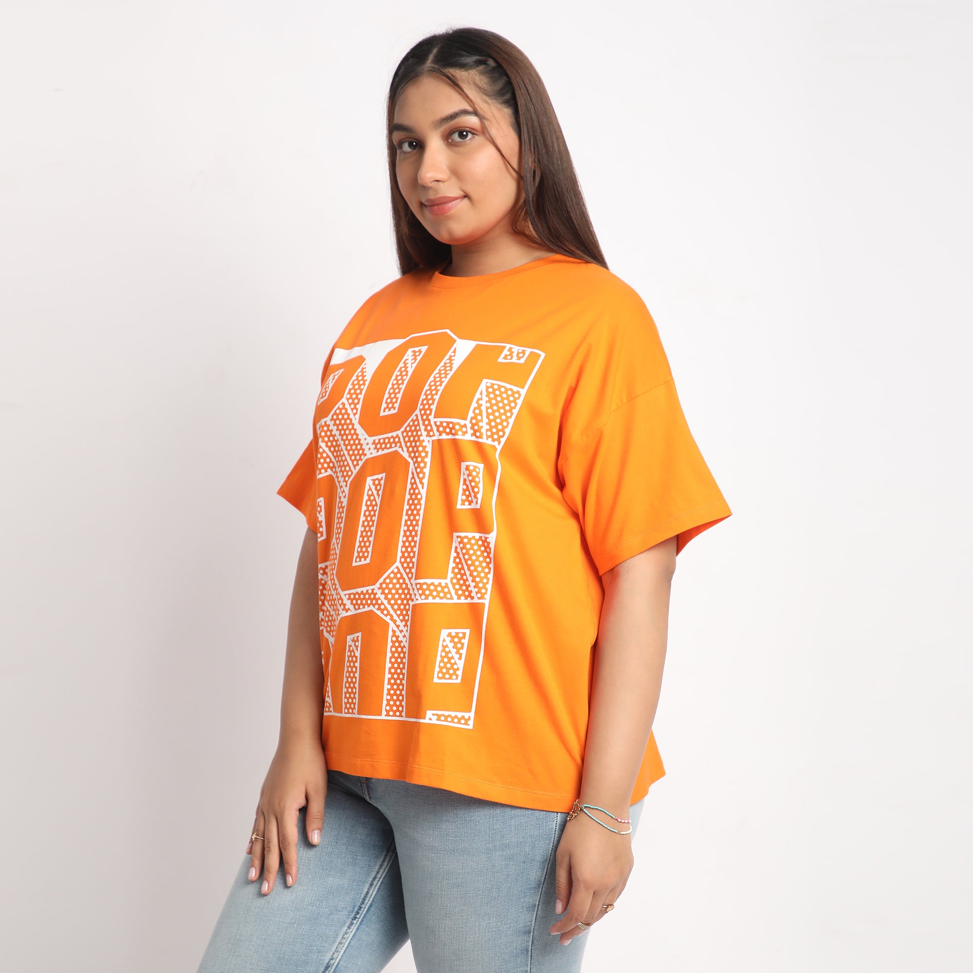 Orange Pop Plus Size Chest Print Cotton Tee