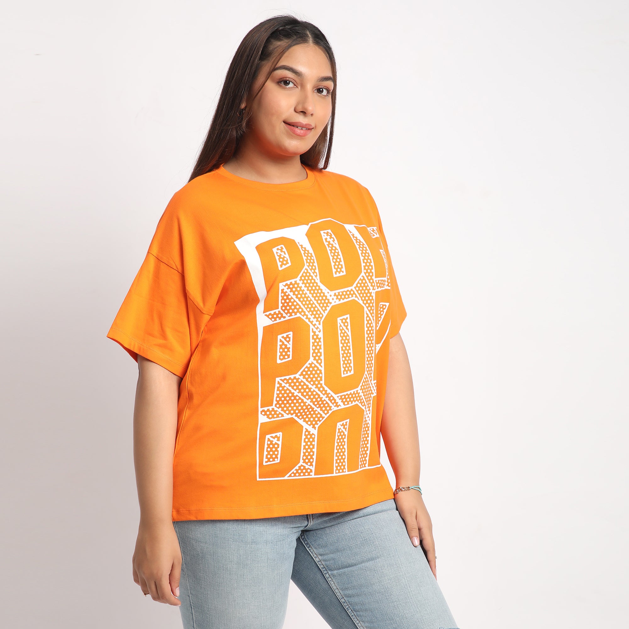 Orange Pop Plus Size Chest Print Cotton Tee