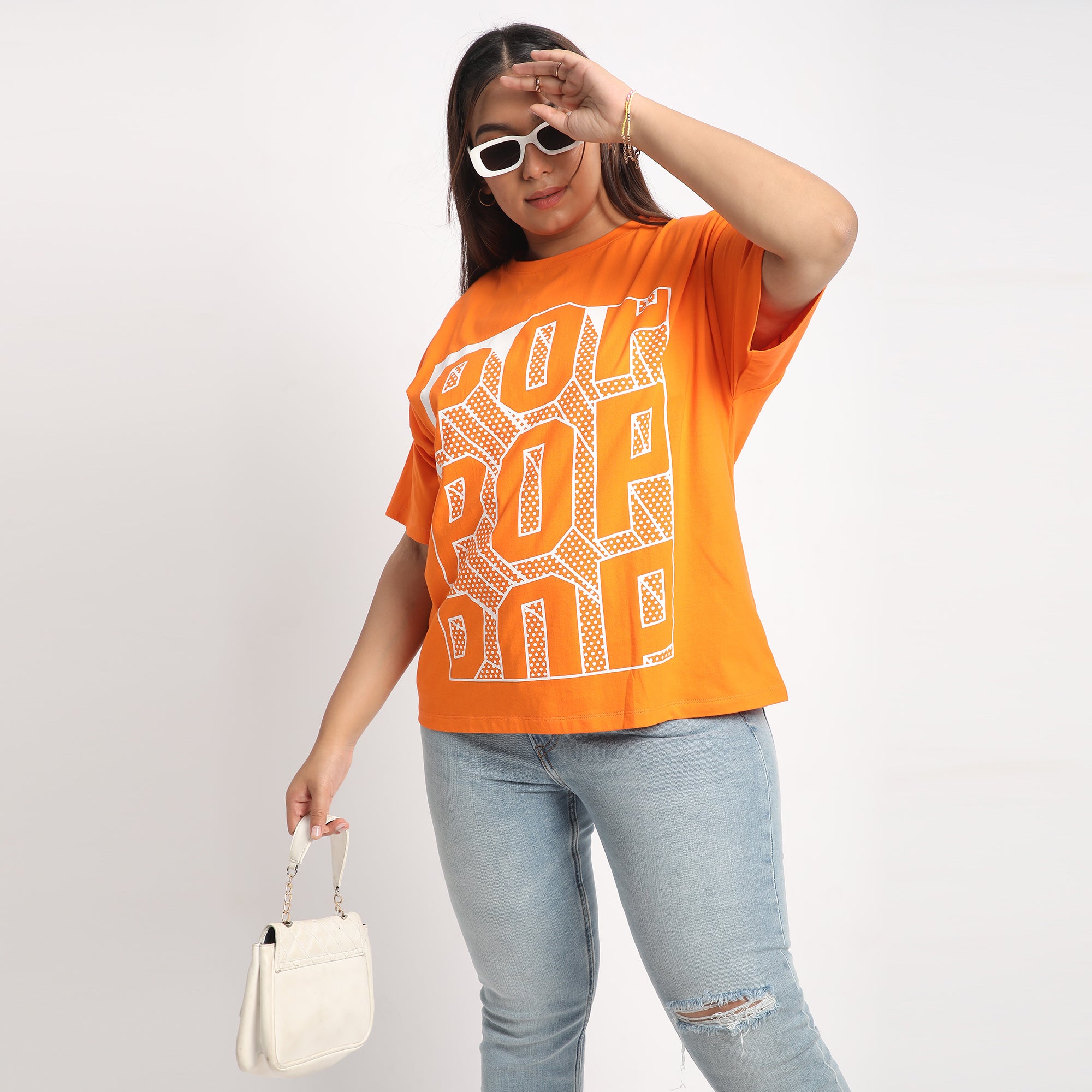 Orange Pop Plus Size Chest Print Cotton Tee