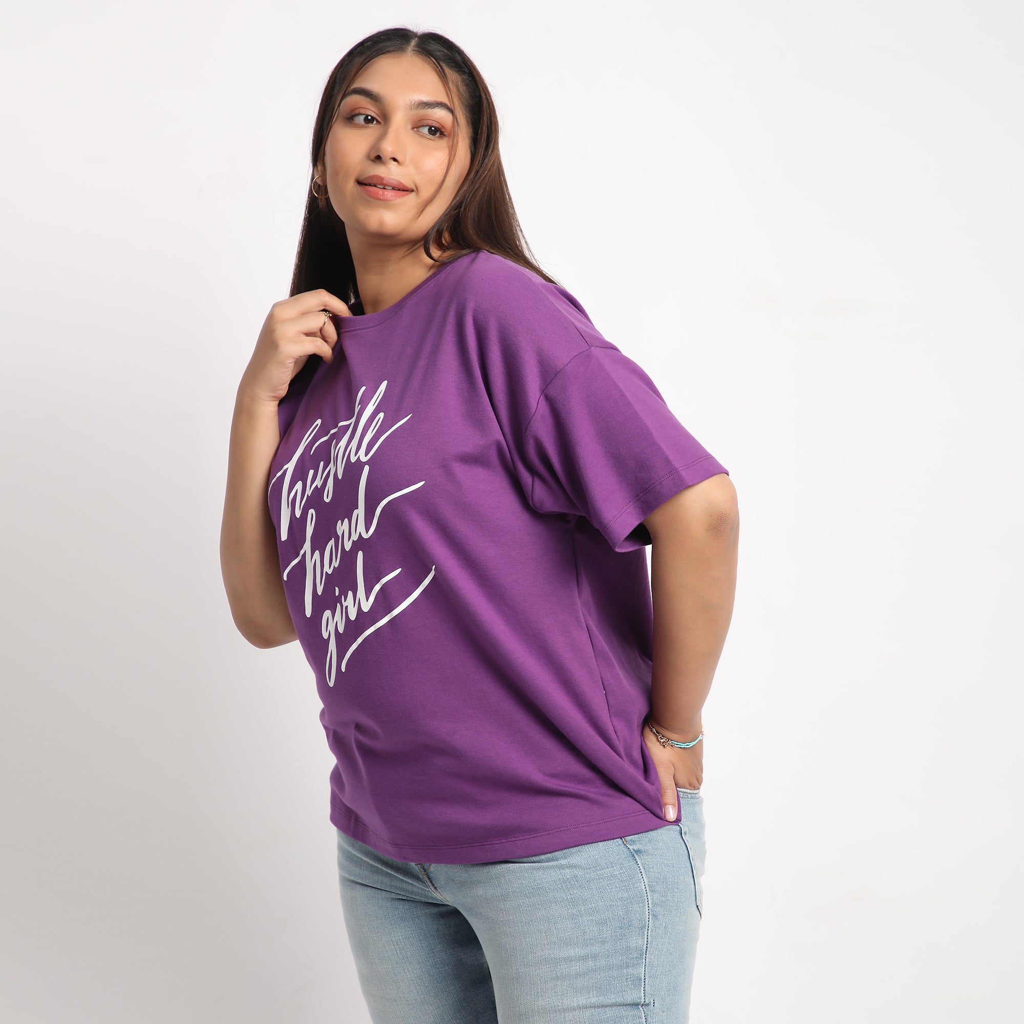 Purple Hustle Hard Plus Size Chest Print Cotton Tee