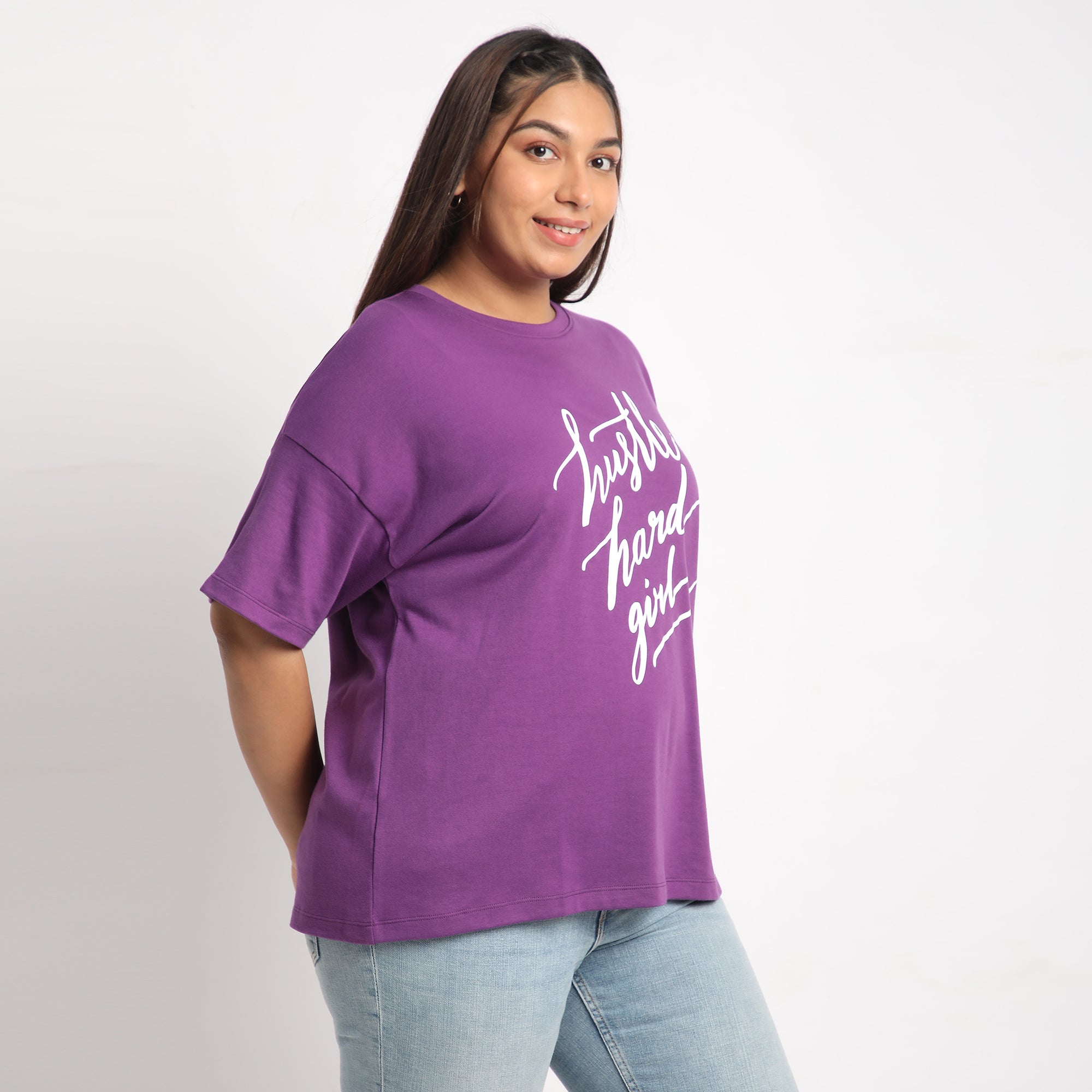 Purple Hustle Hard Plus Size Chest Print Cotton Tee