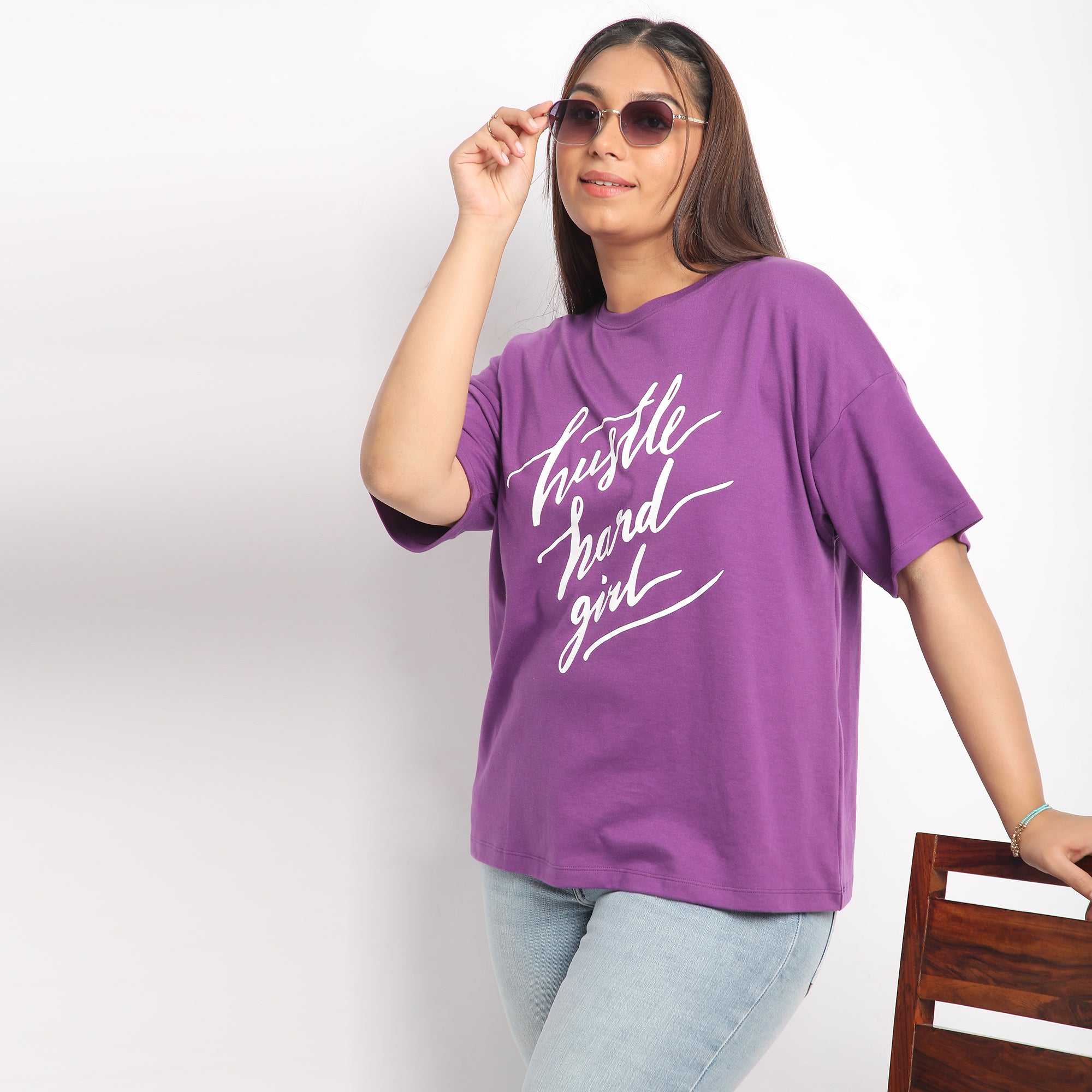 Purple Hustle Hard Plus Size Chest Print Cotton Tee