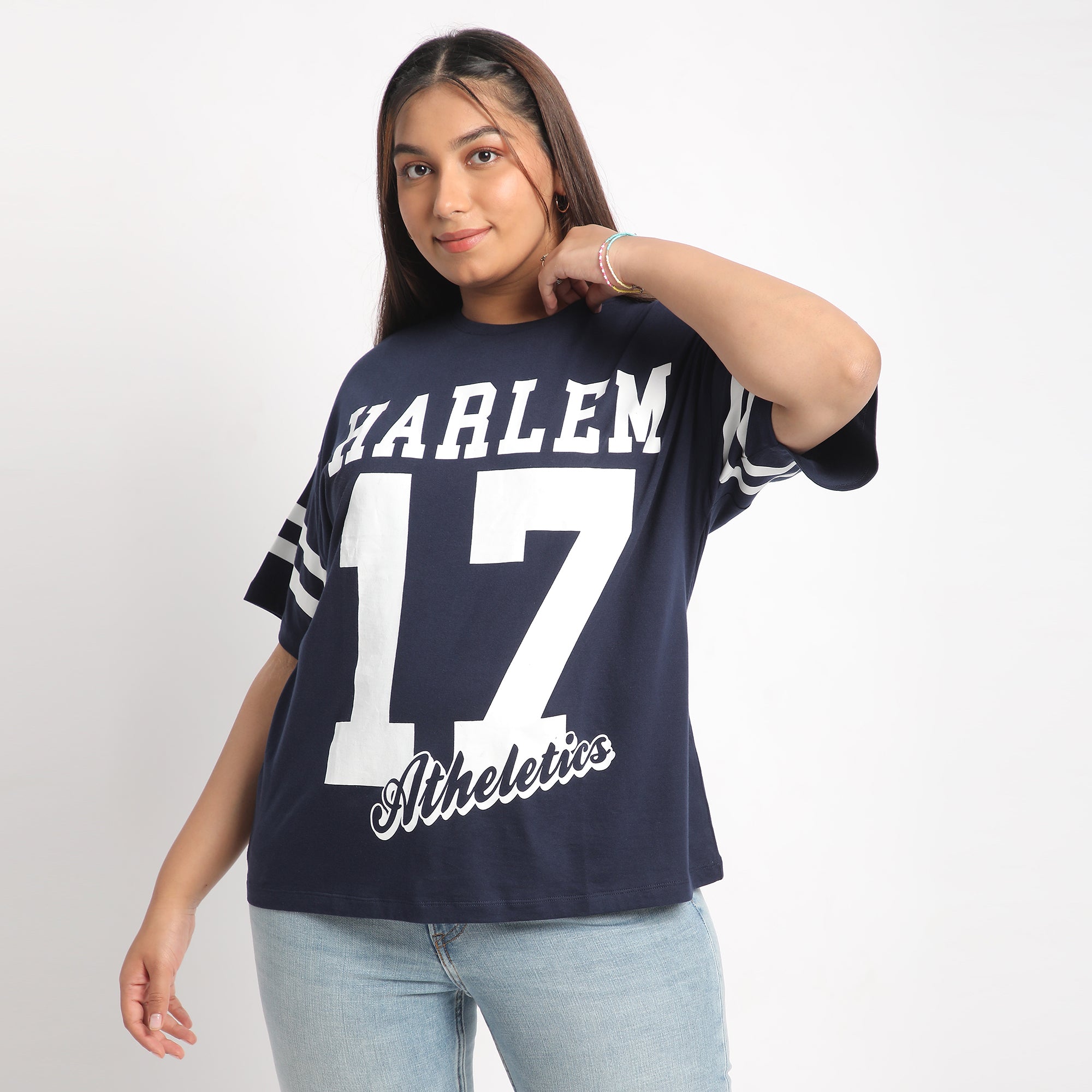 Navy Harlem Plus Size Chest Print Cotton Tee