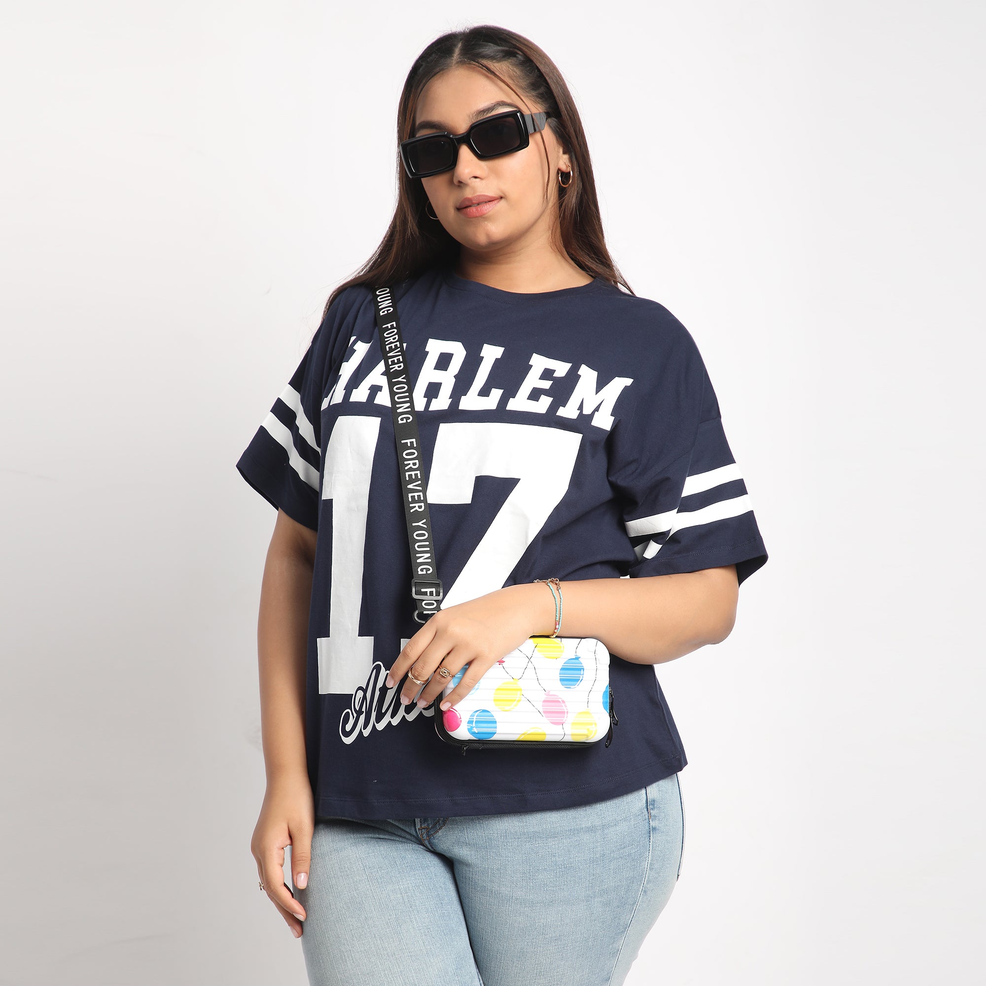 Navy Harlem Plus Size Chest Print Cotton Tee