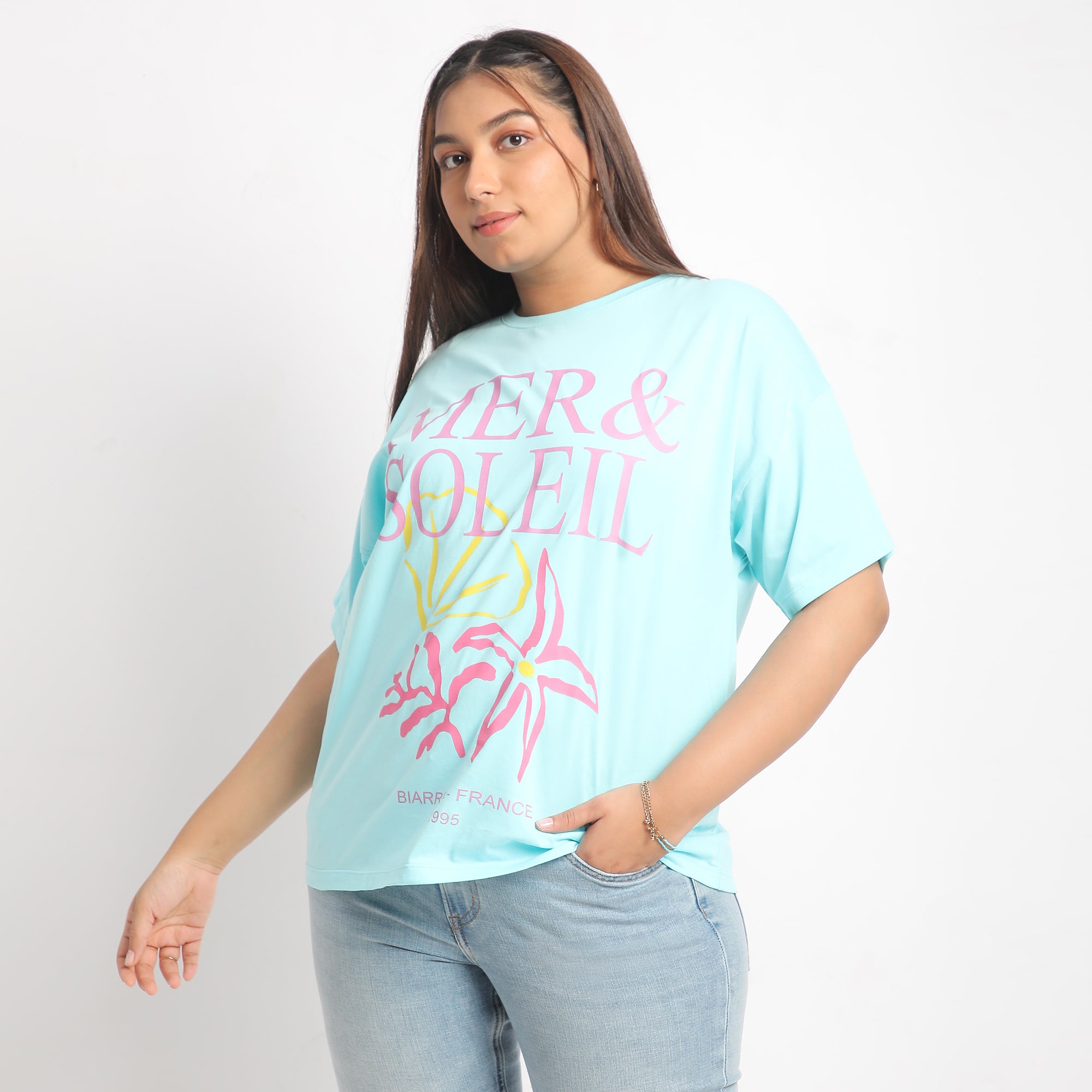 Sky Blue Mer & Soleil Plus Size Chest Print Cotton Tee