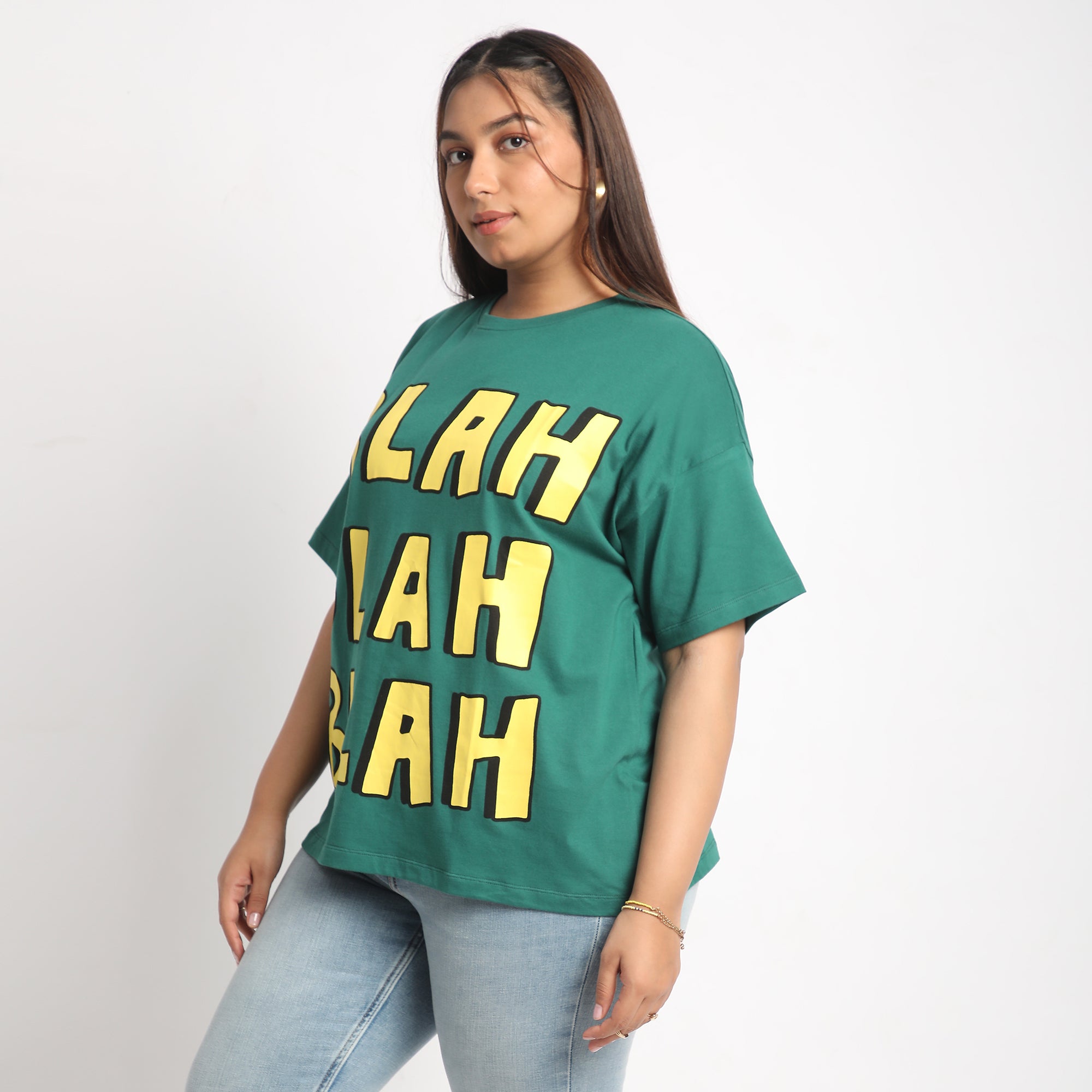 Green Plus Size Chest Print Cotton Tee