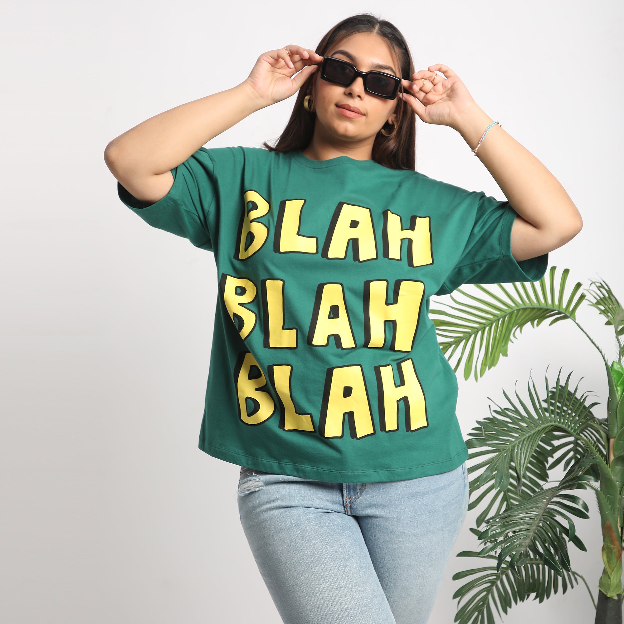 Green Plus Size Chest Print Cotton Tee