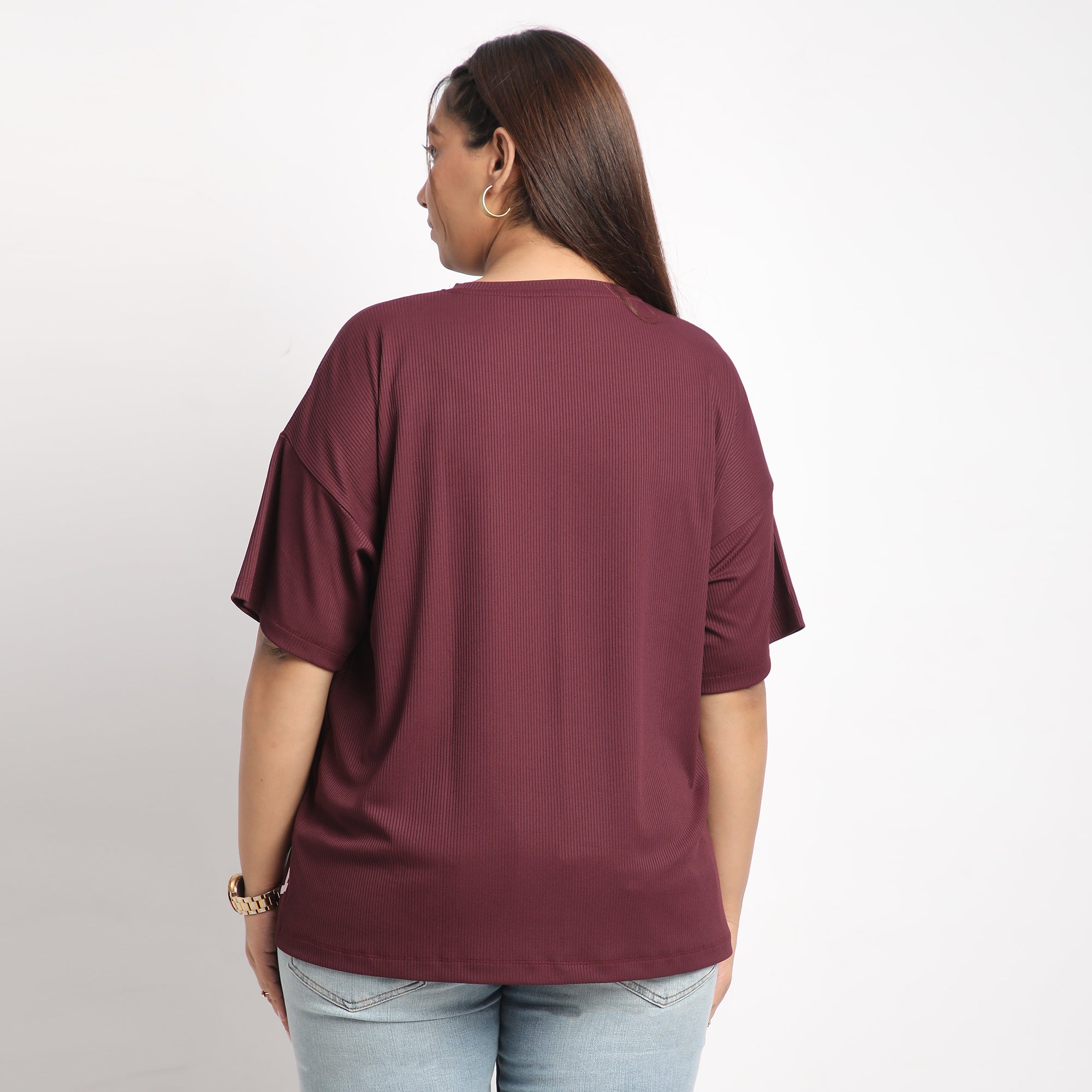 Maroon Rib Plus Size Chest Print Tee