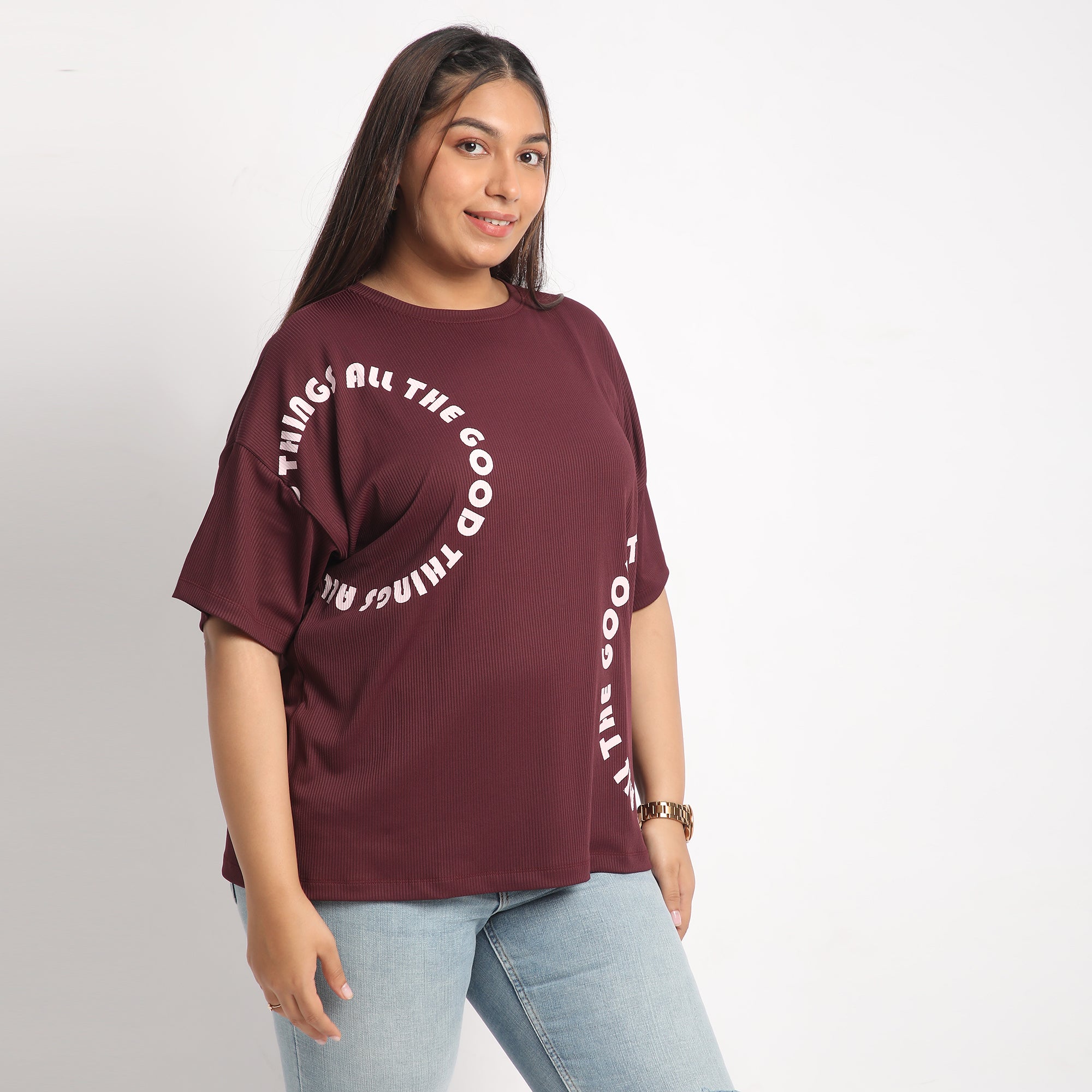 Maroon Rib Plus Size Chest Print Tee