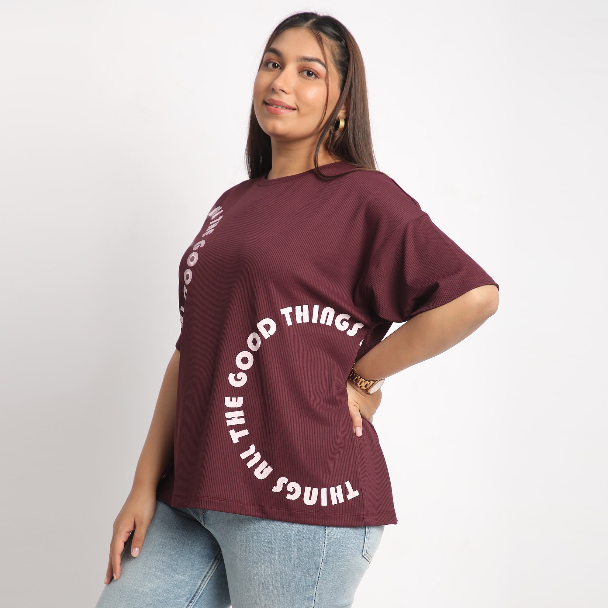 Maroon Rib Plus Size Chest Print Tee