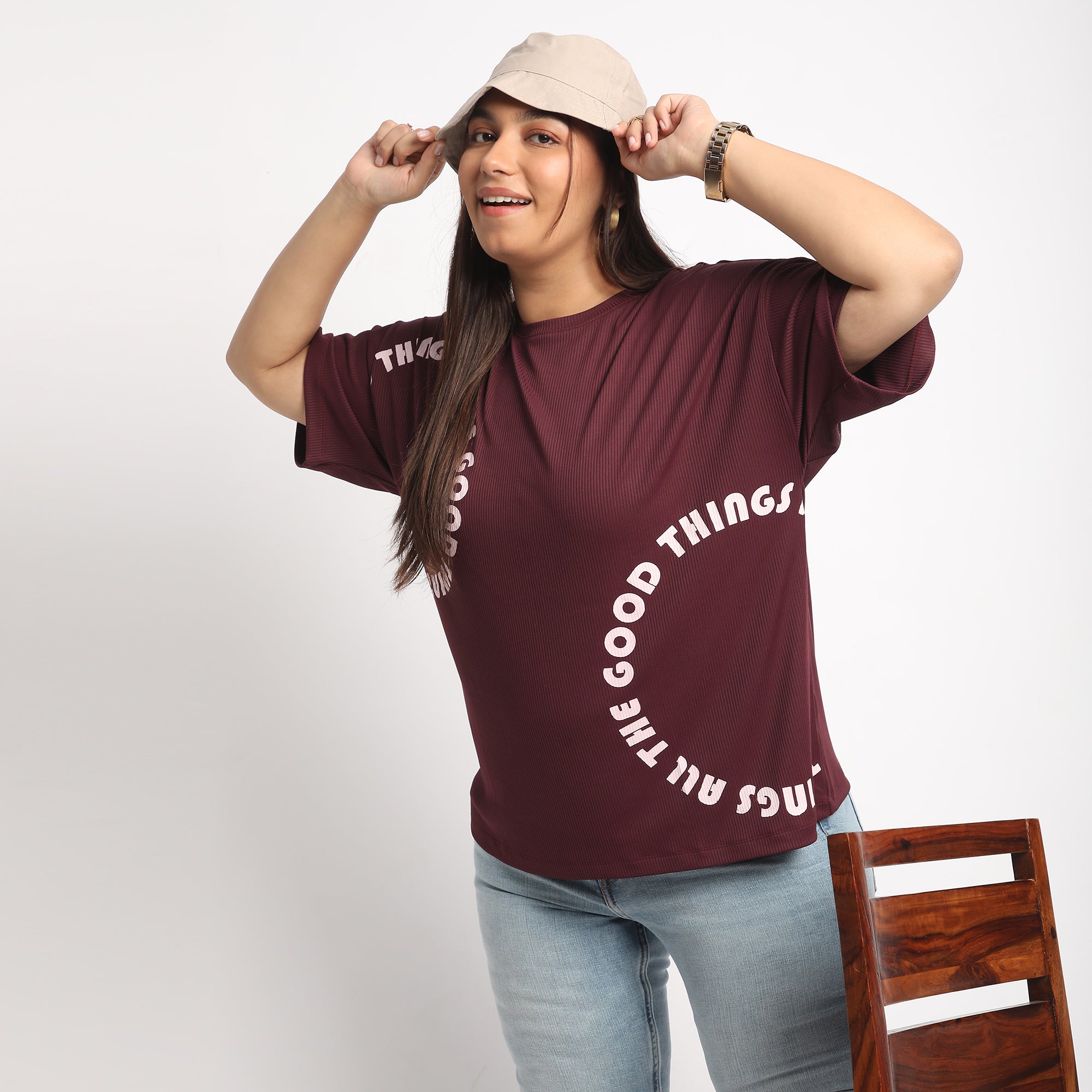 Maroon Rib Plus Size Chest Print Tee