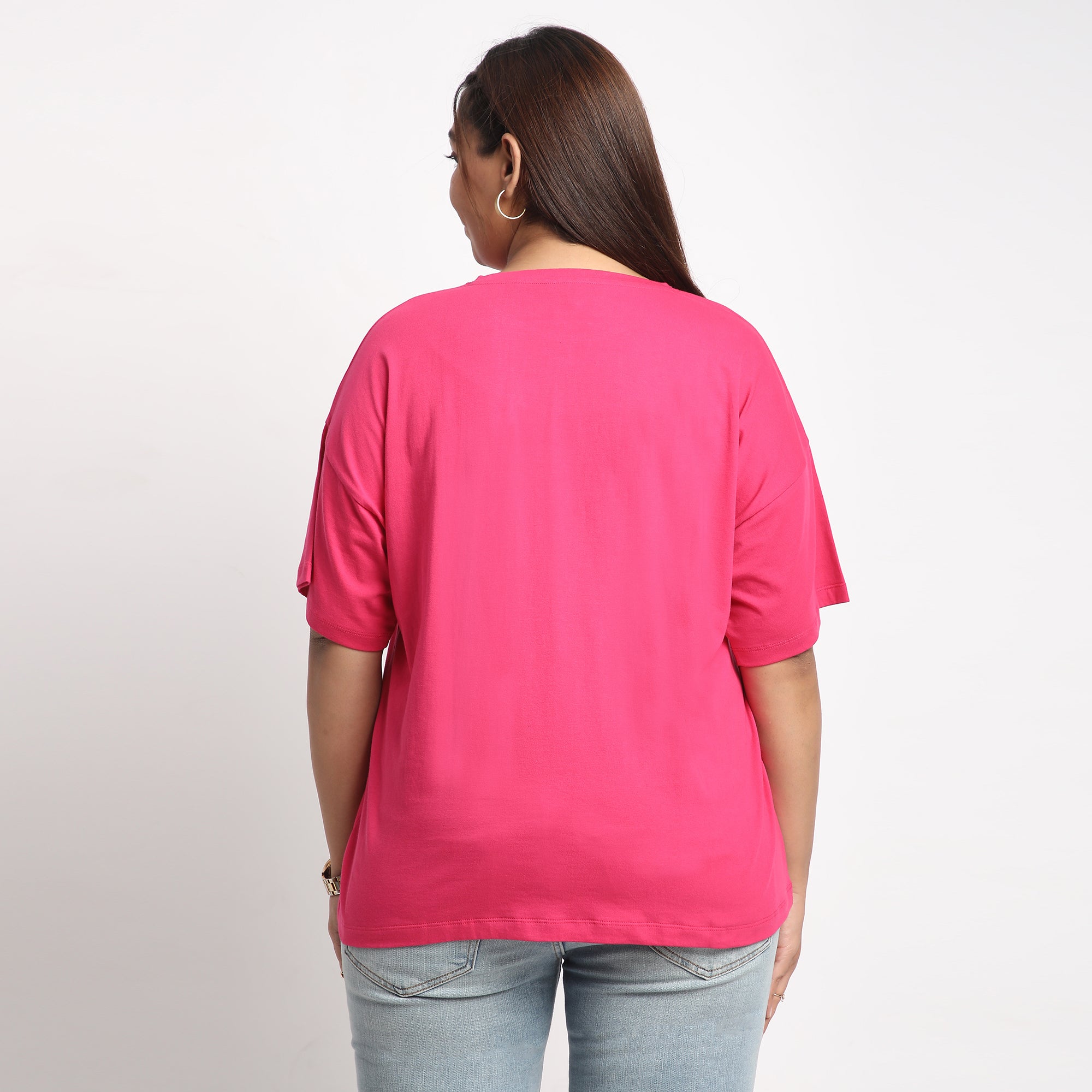 Fushia Good Energy Plus Size Chest Print Cotton Tee