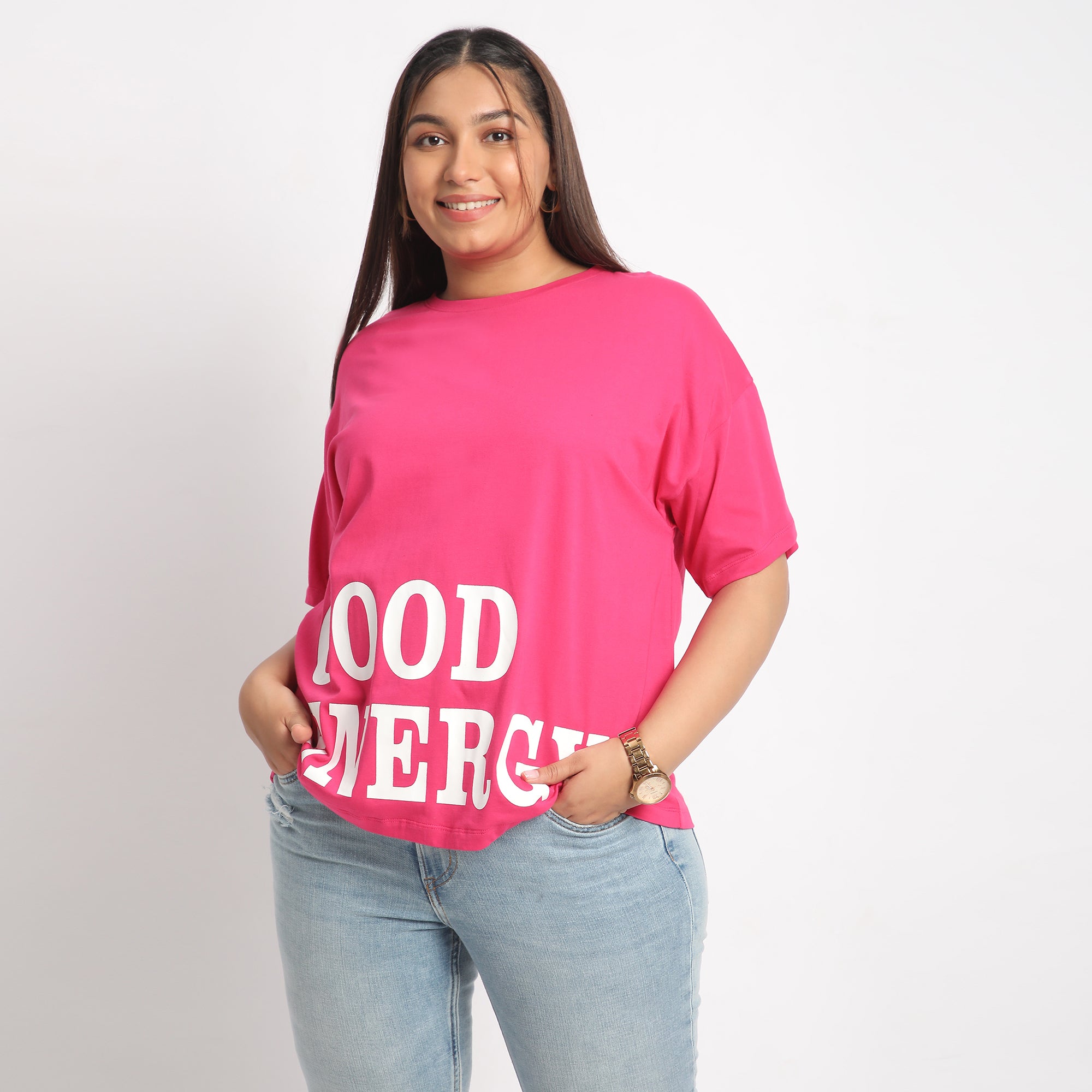 Fushia Good Energy Plus Size Chest Print Cotton Tee