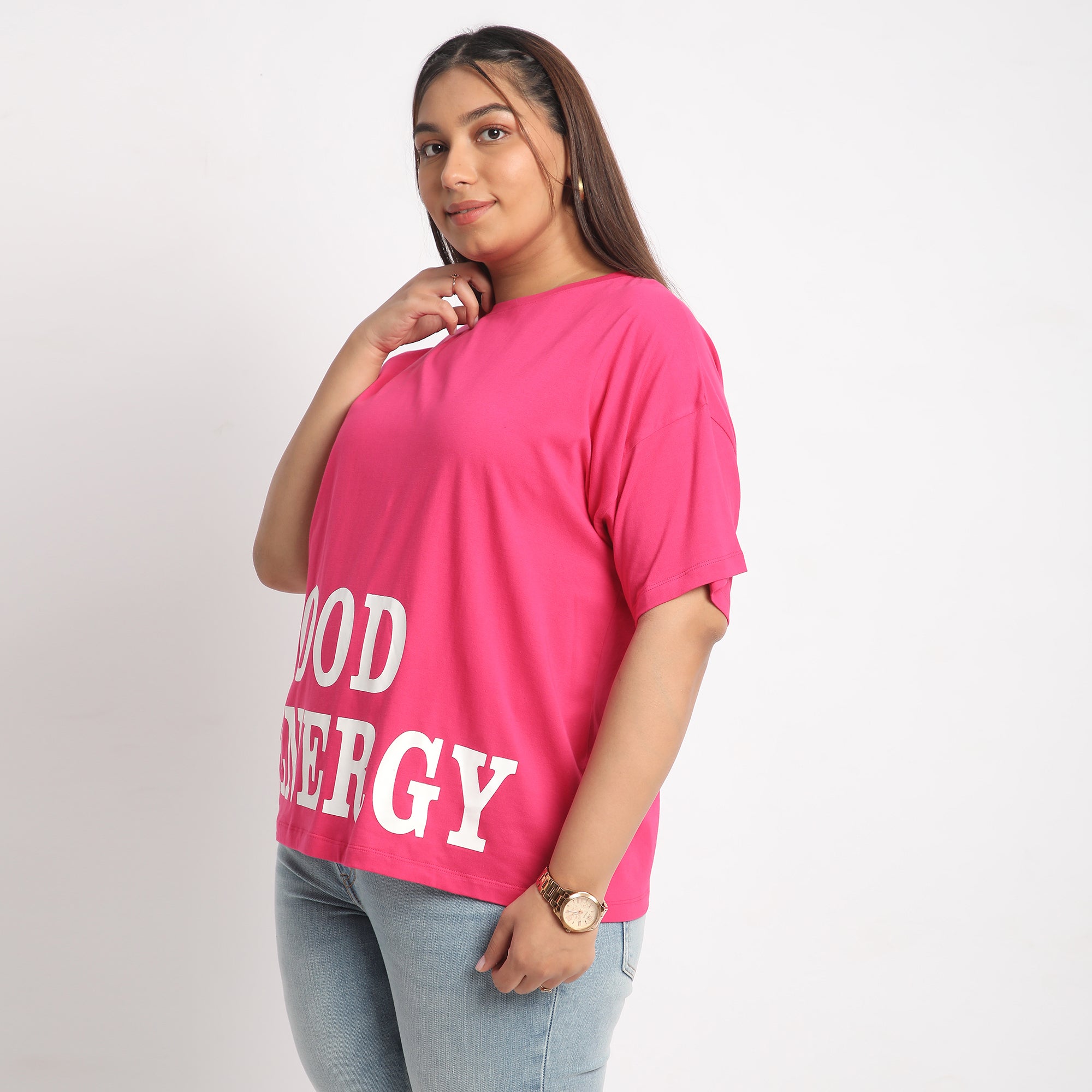 Fushia Good Energy Plus Size Chest Print Cotton Tee