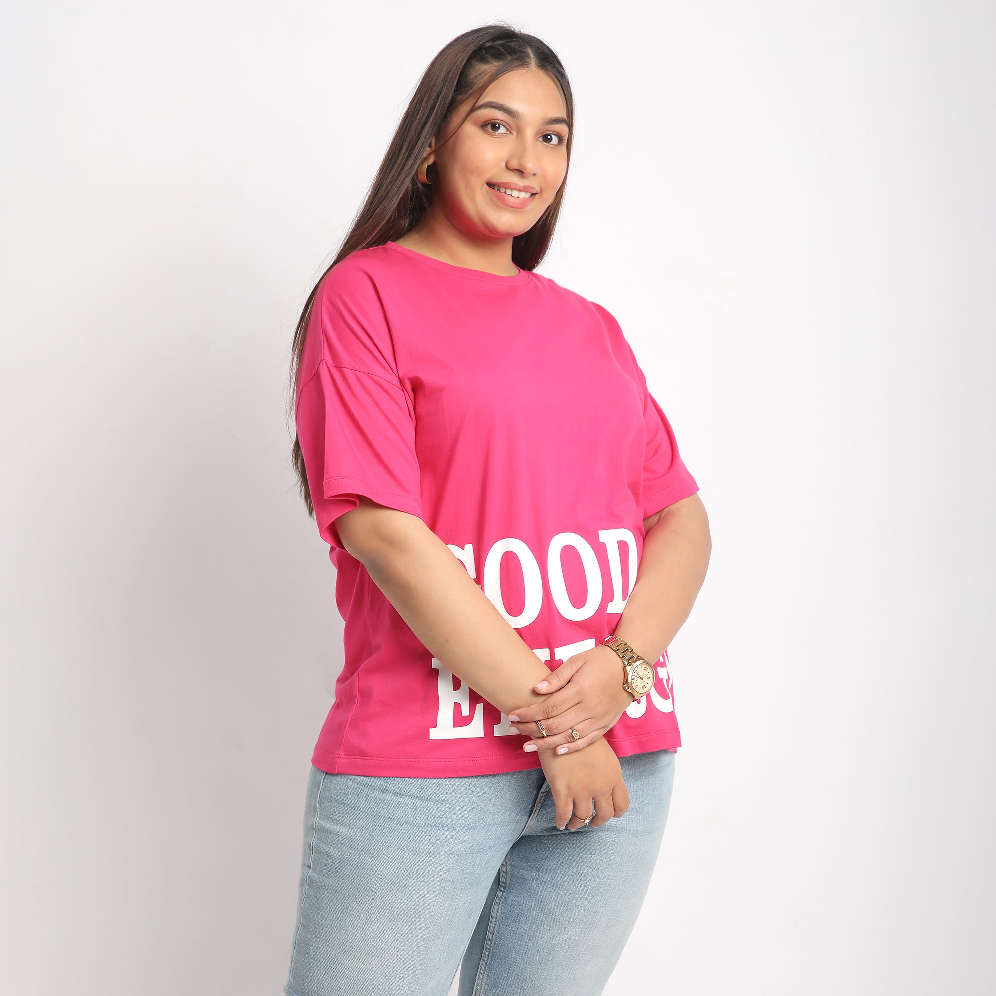 Fushia Good Energy Plus Size Chest Print Cotton Tee