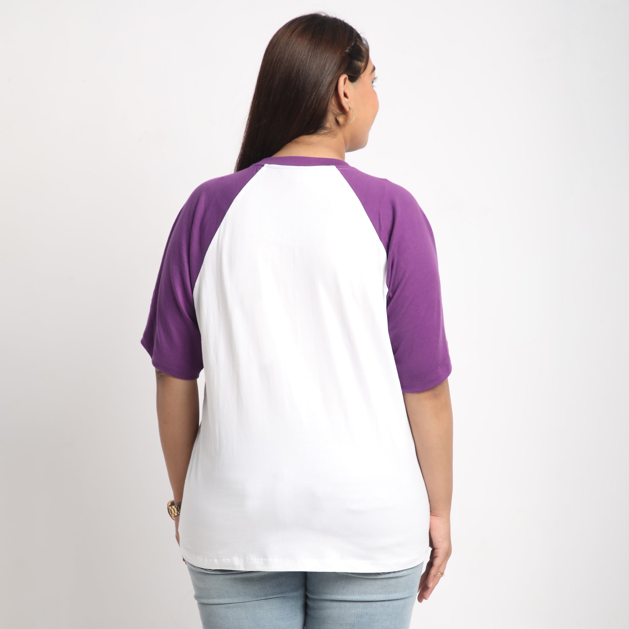 White & Purple Contrast Plus Size Chest Print Cotton Tee