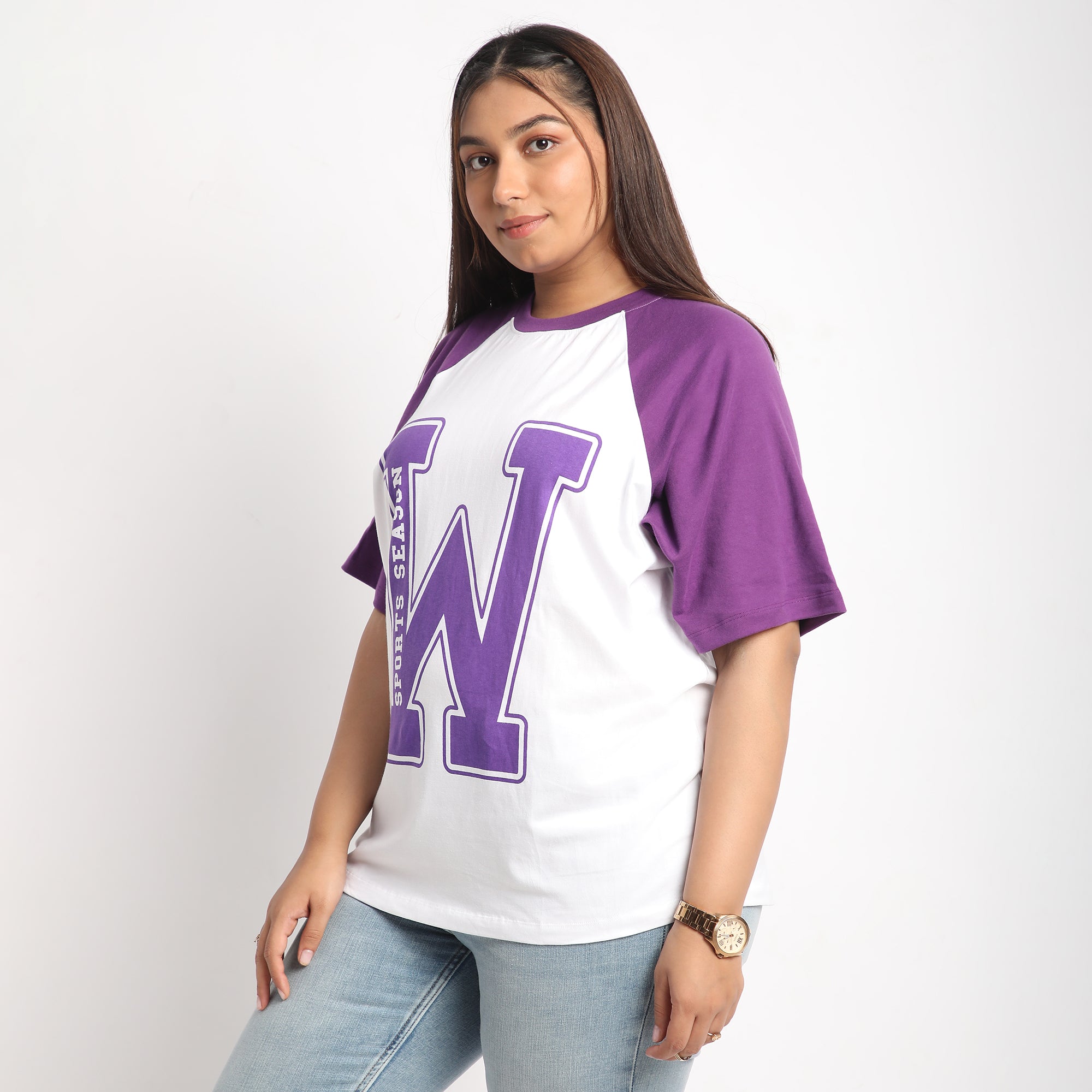 White & Purple Contrast Plus Size Chest Print Cotton Tee