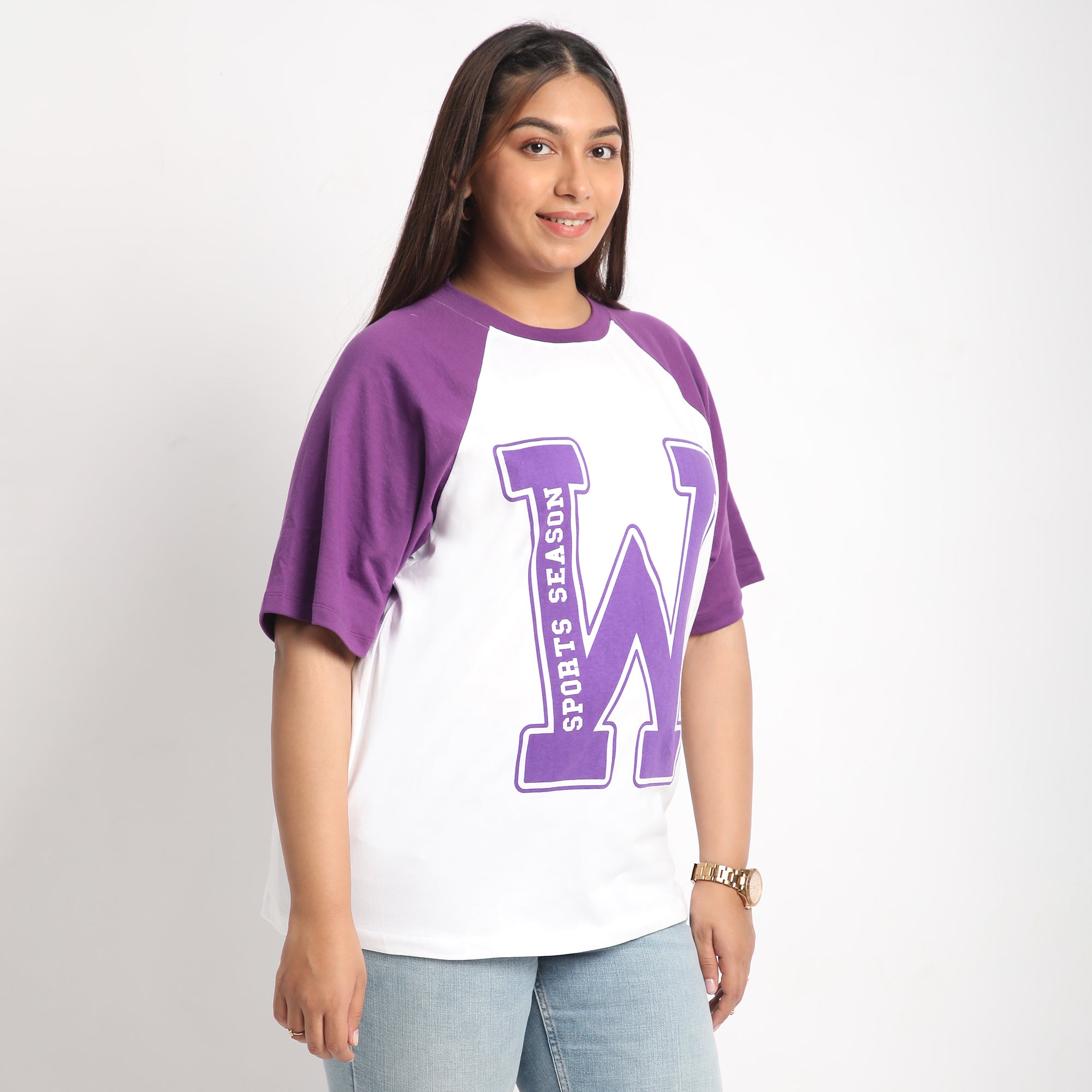 White & Purple Contrast Plus Size Chest Print Cotton Tee