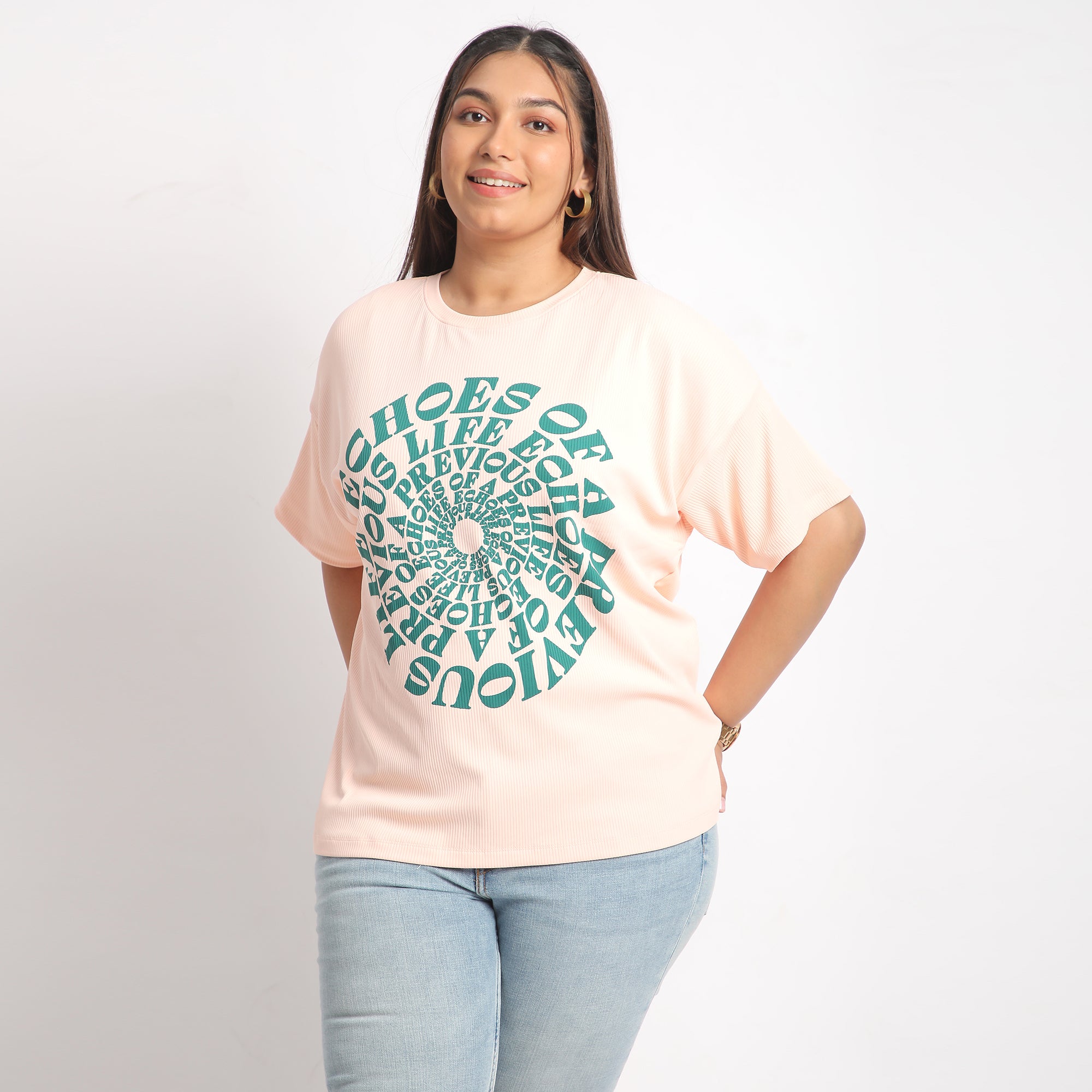 Peach Rib Plus Size Chest Print Tee