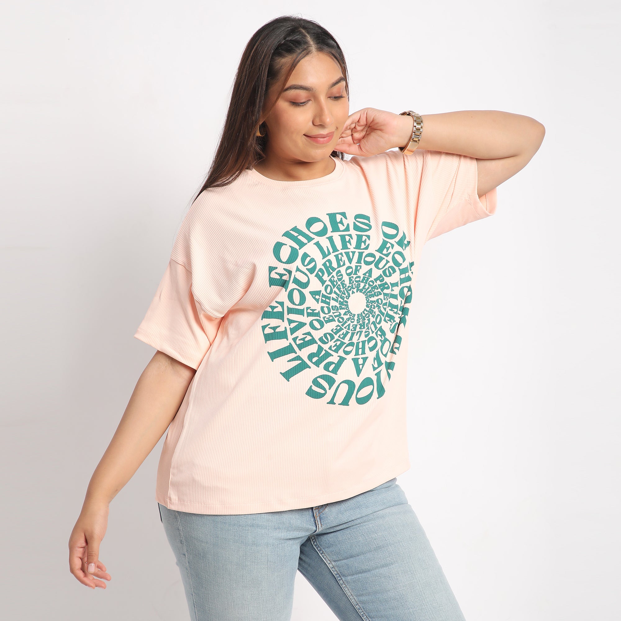 Peach Rib Plus Size Chest Print Tee