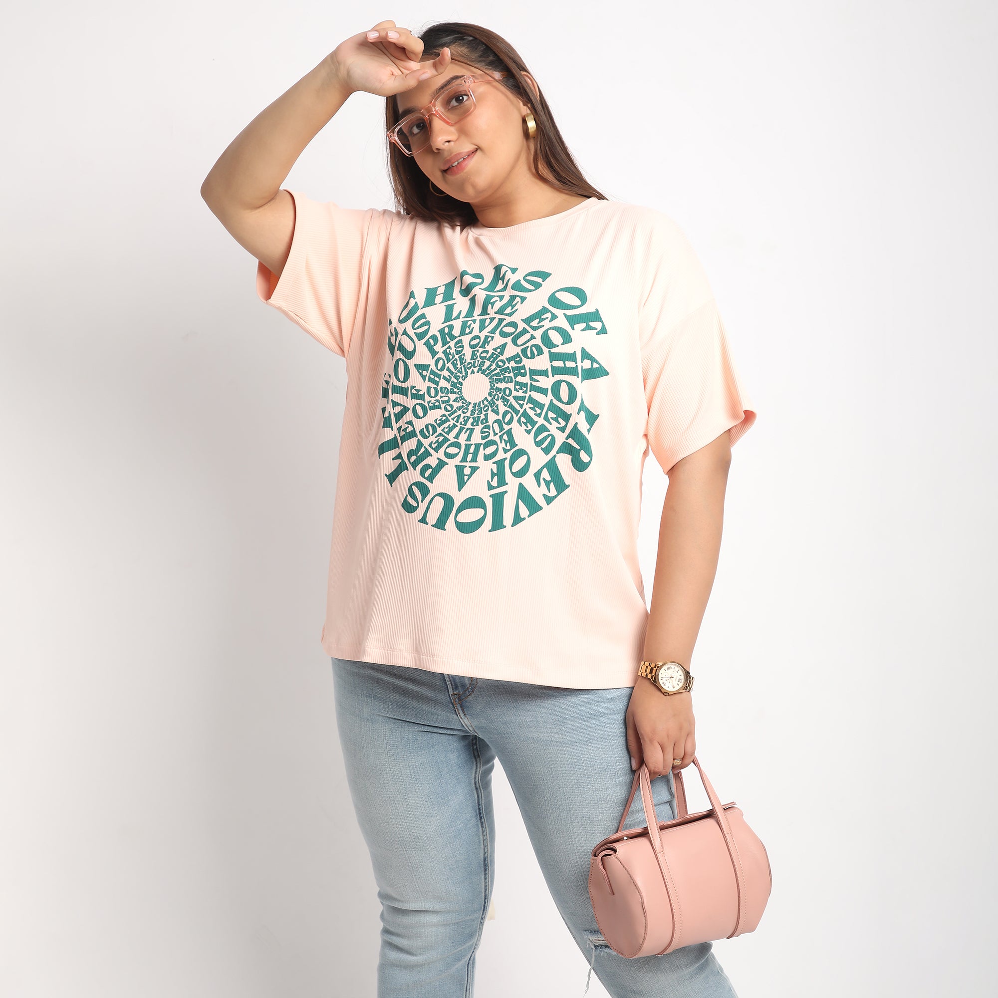 Peach Rib Plus Size Chest Print Tee